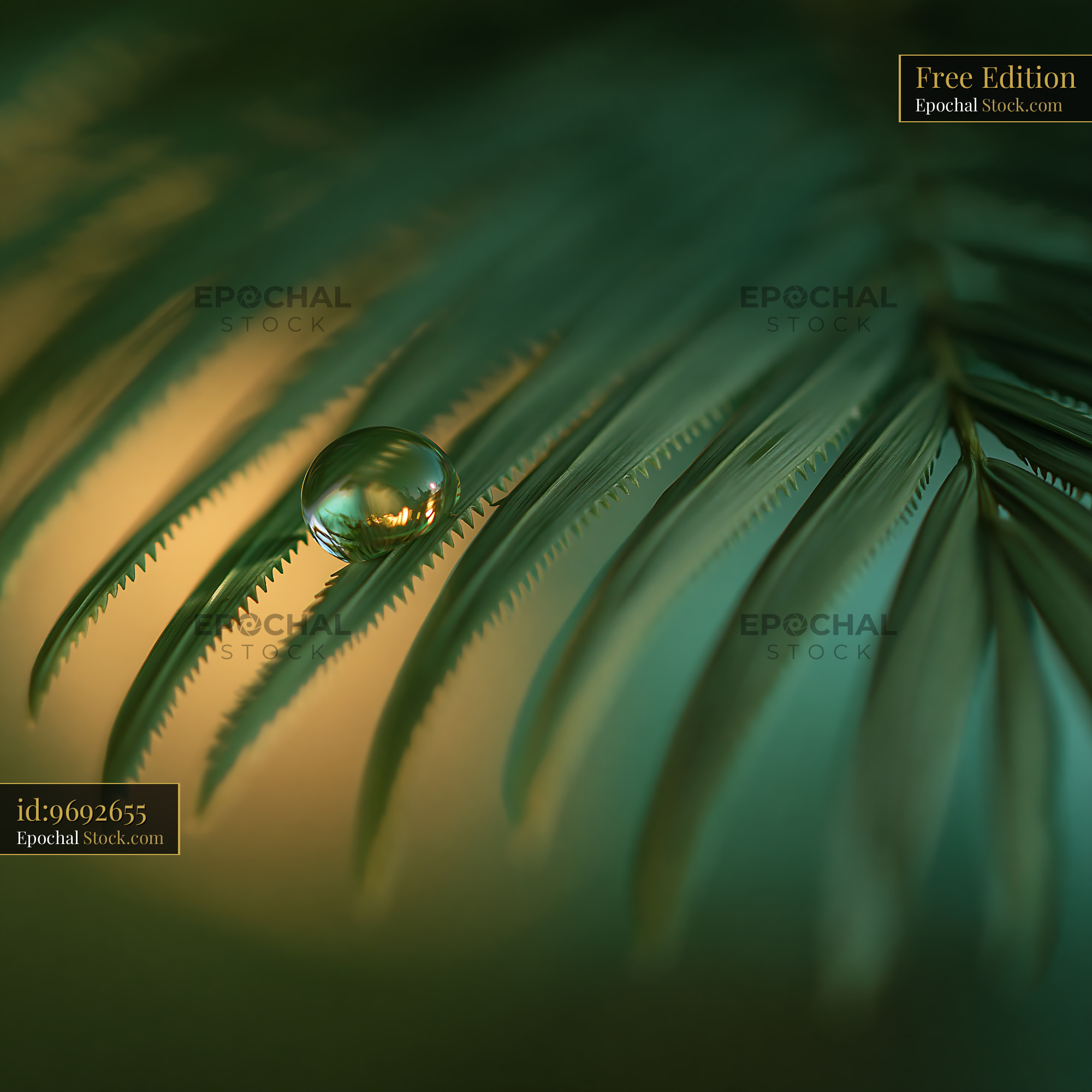 Single water droplet on a green palm leaf during golden hour - stock photo