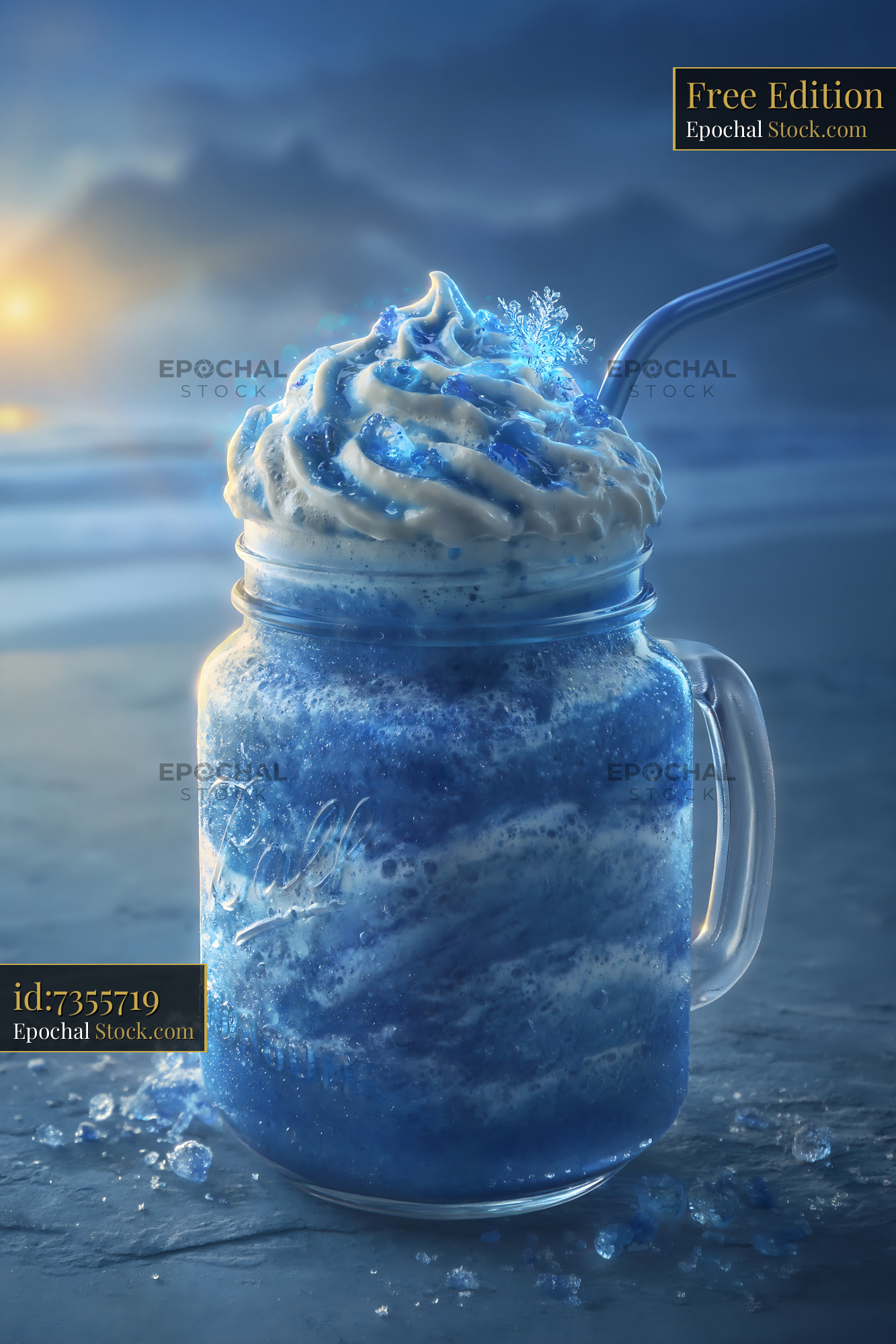 Blue spirulina milkshake with whipped cream on a beach at sunset - stock photo