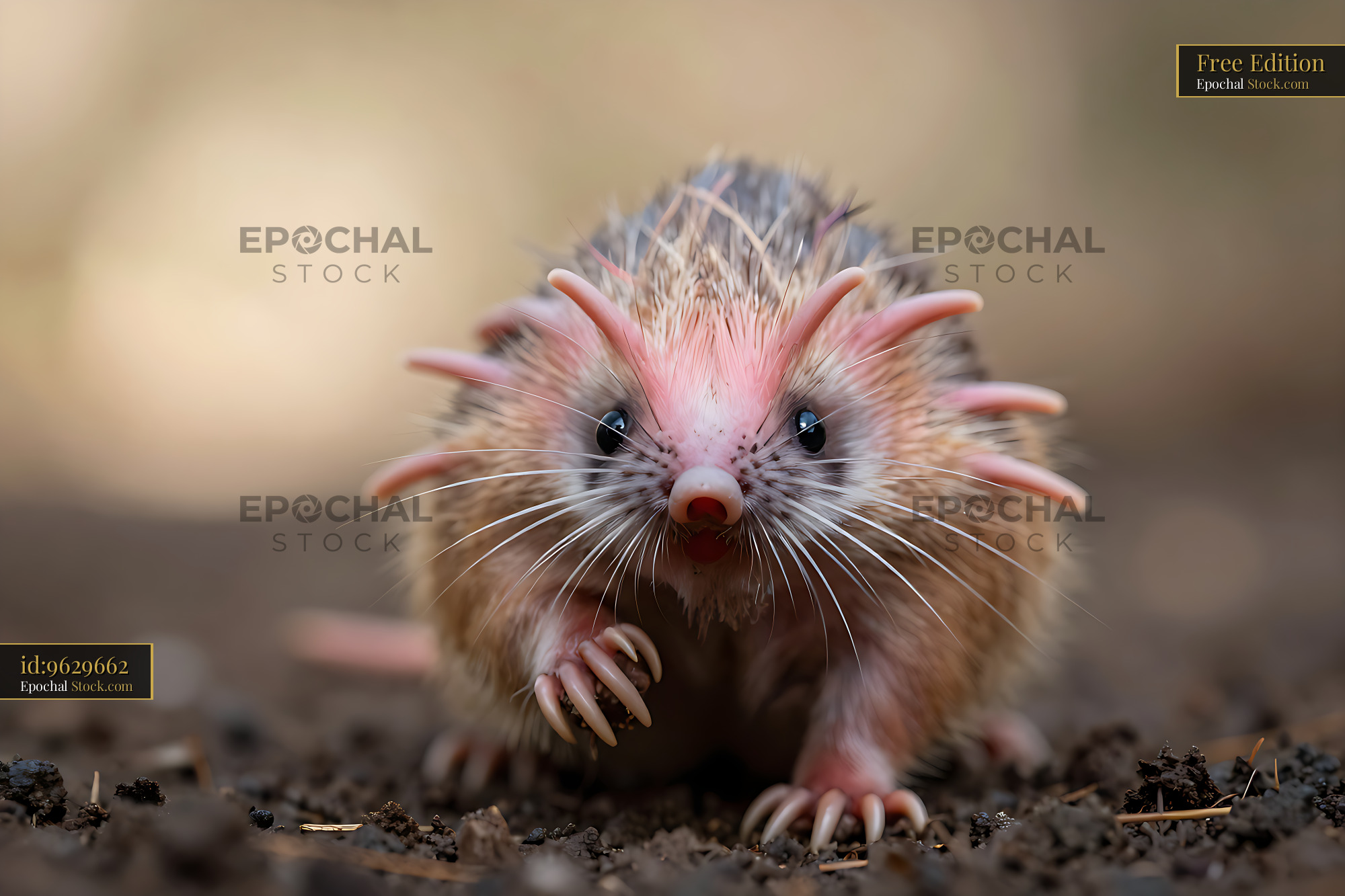 Small fantasy creature with pink spines crawling on forest soil - stock photo