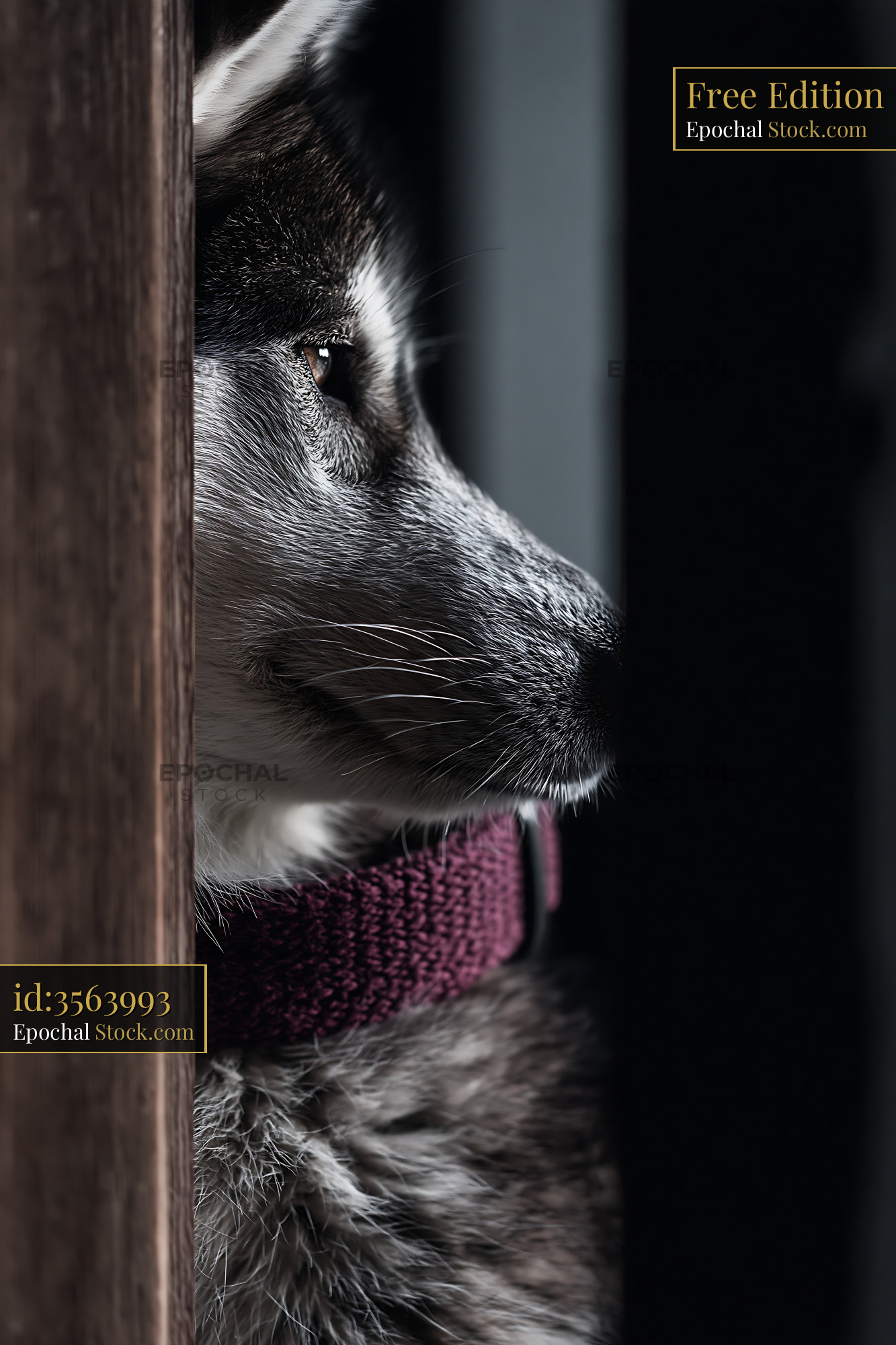 Siberian husky dog peeking through a doorway and waiting - stock photo
