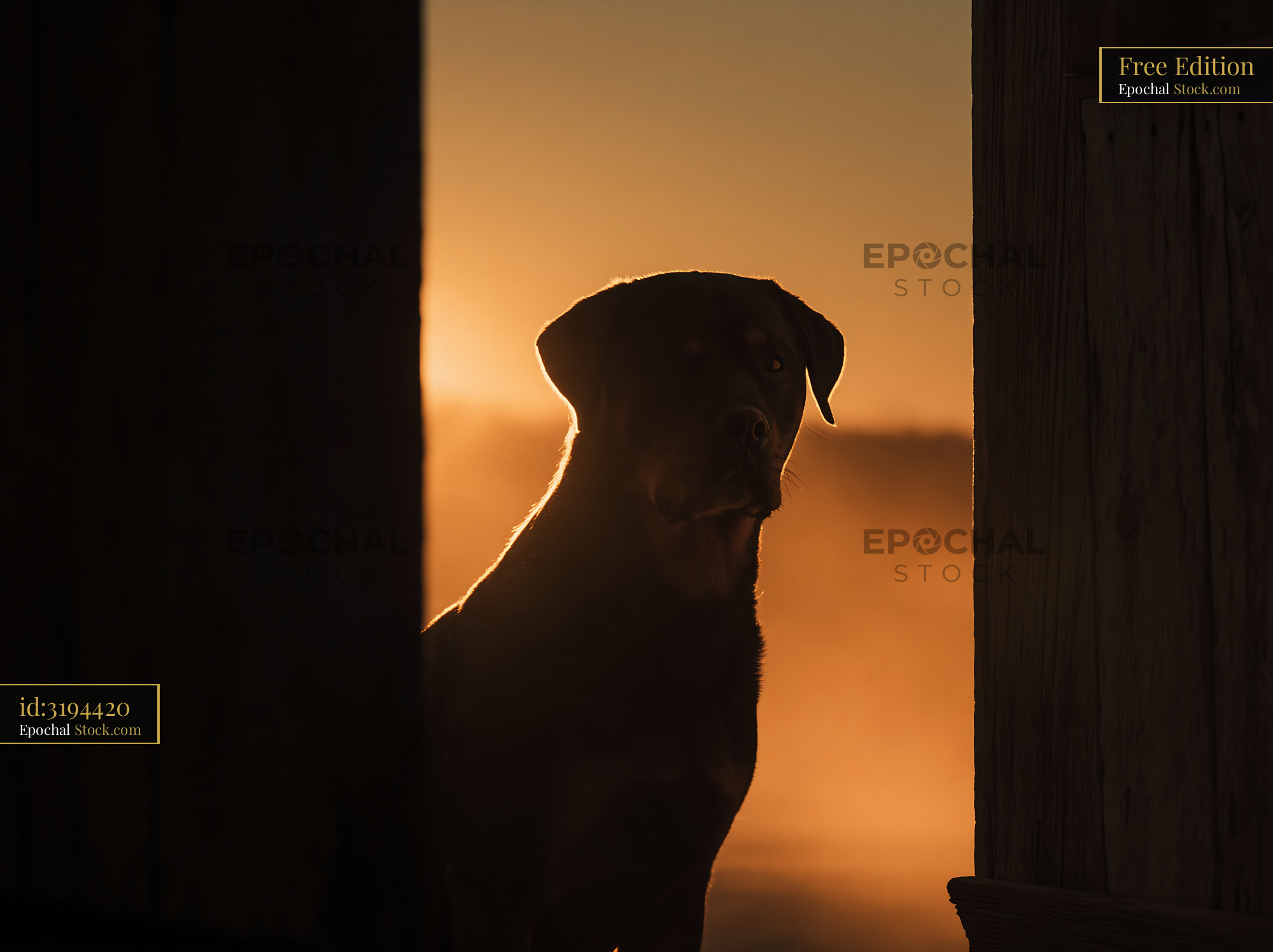 Dog silhouette framed in a doorway during golden hour sunset - stock photo