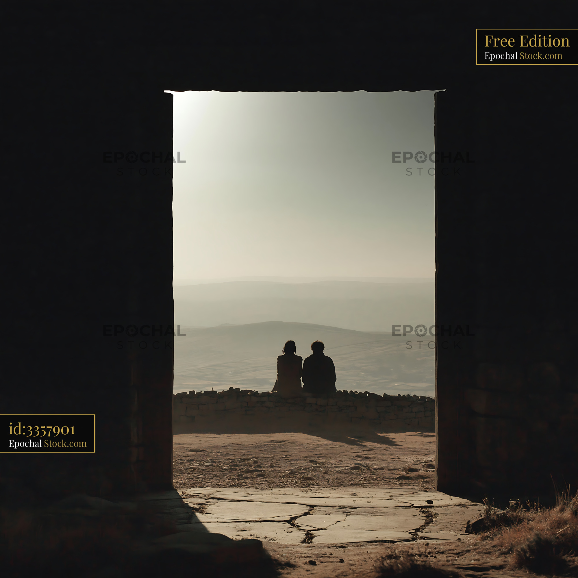 Silhouette of a couple sitting together overlooking a misty valley - stock photo