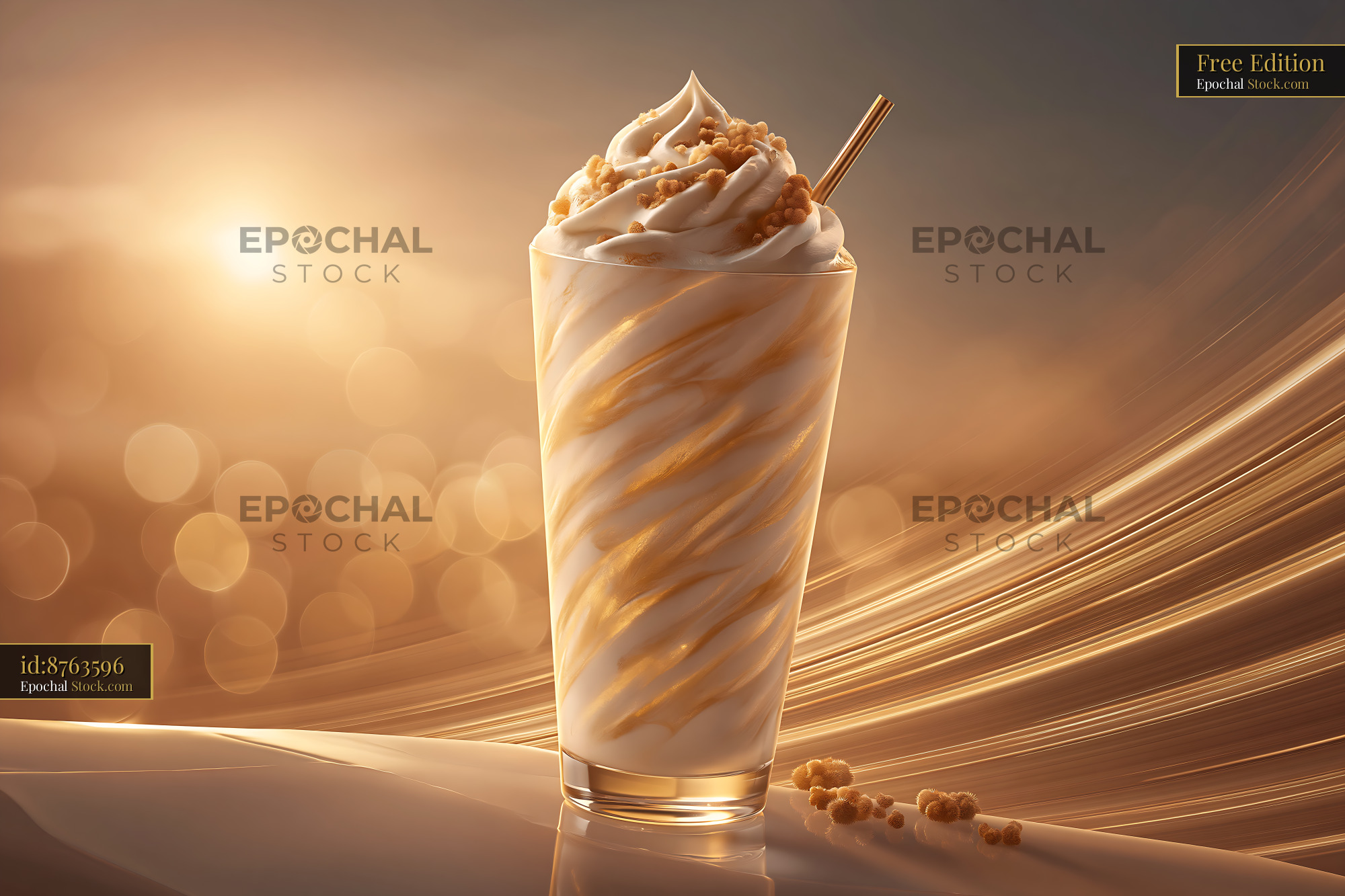 Cloudberry cream milkshake in a glass with golden sunset background - stock photo