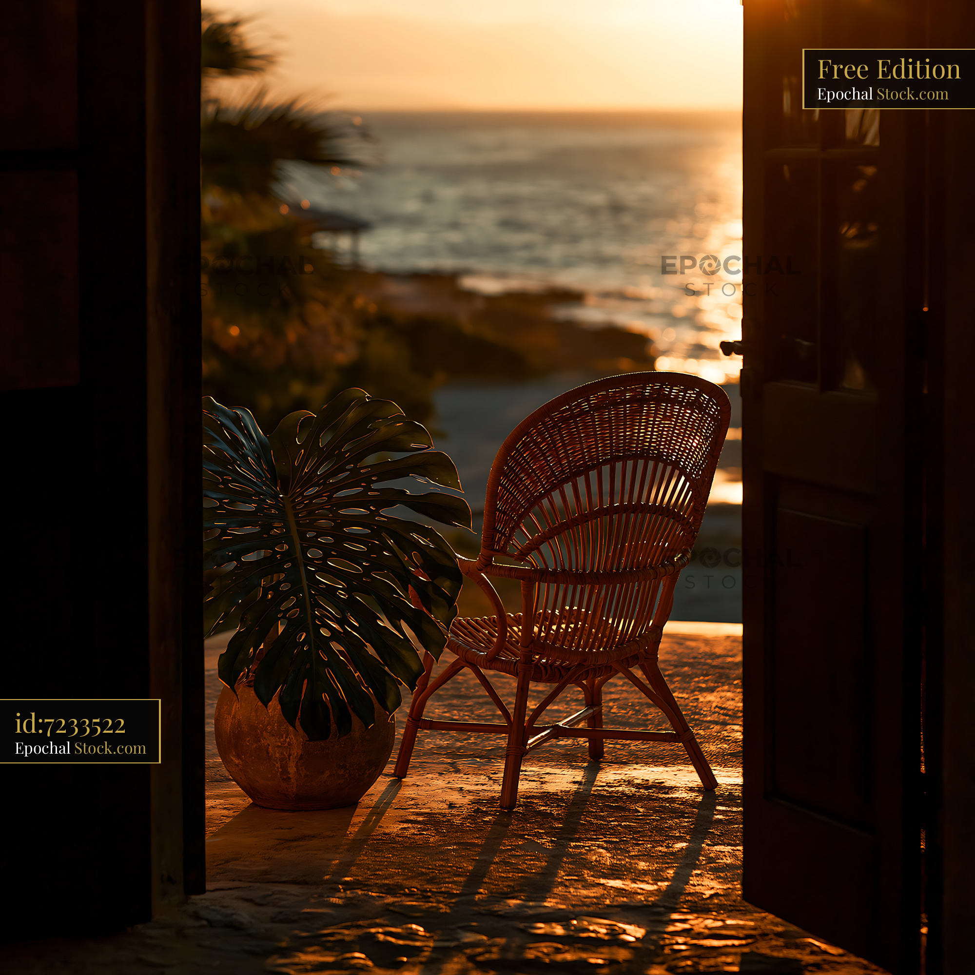 Wicker chair on a terrace overlooking the ocean at golden hour - stock photo
