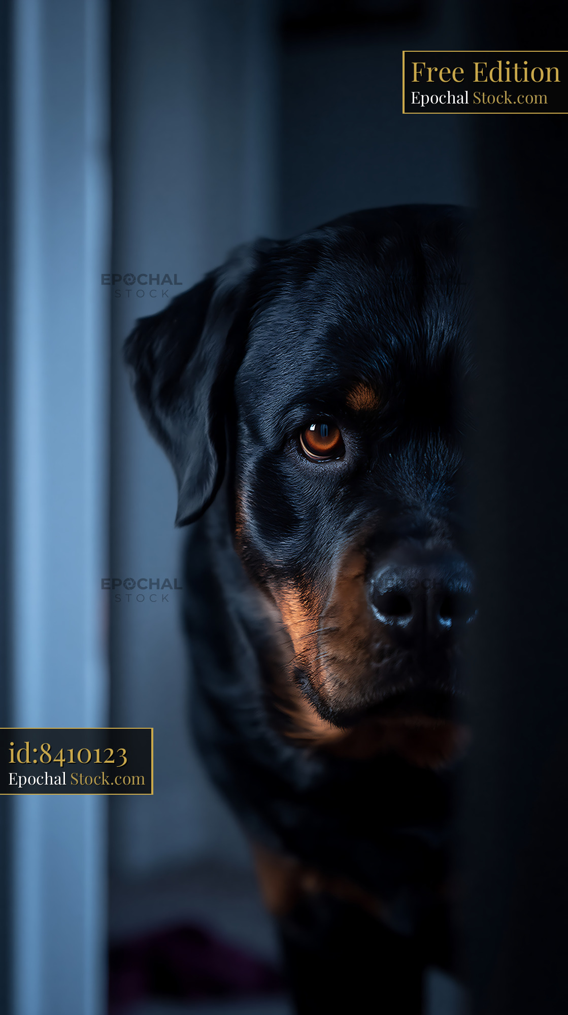 Close up portrait of a watchful rottweiler dog peeking from shadows - stock photo