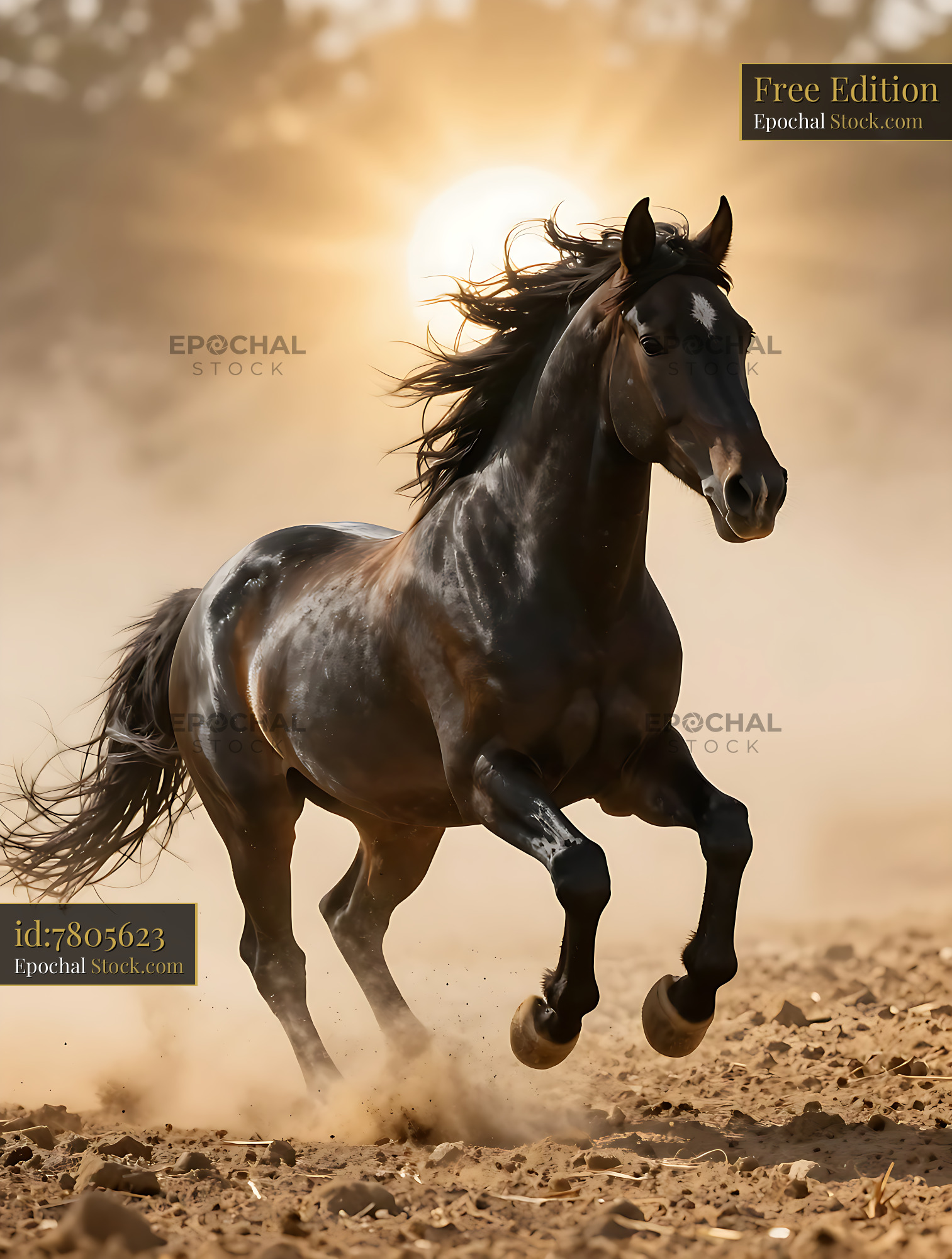 Majestic dark horse galloping through dusty field at sunset - stock photo