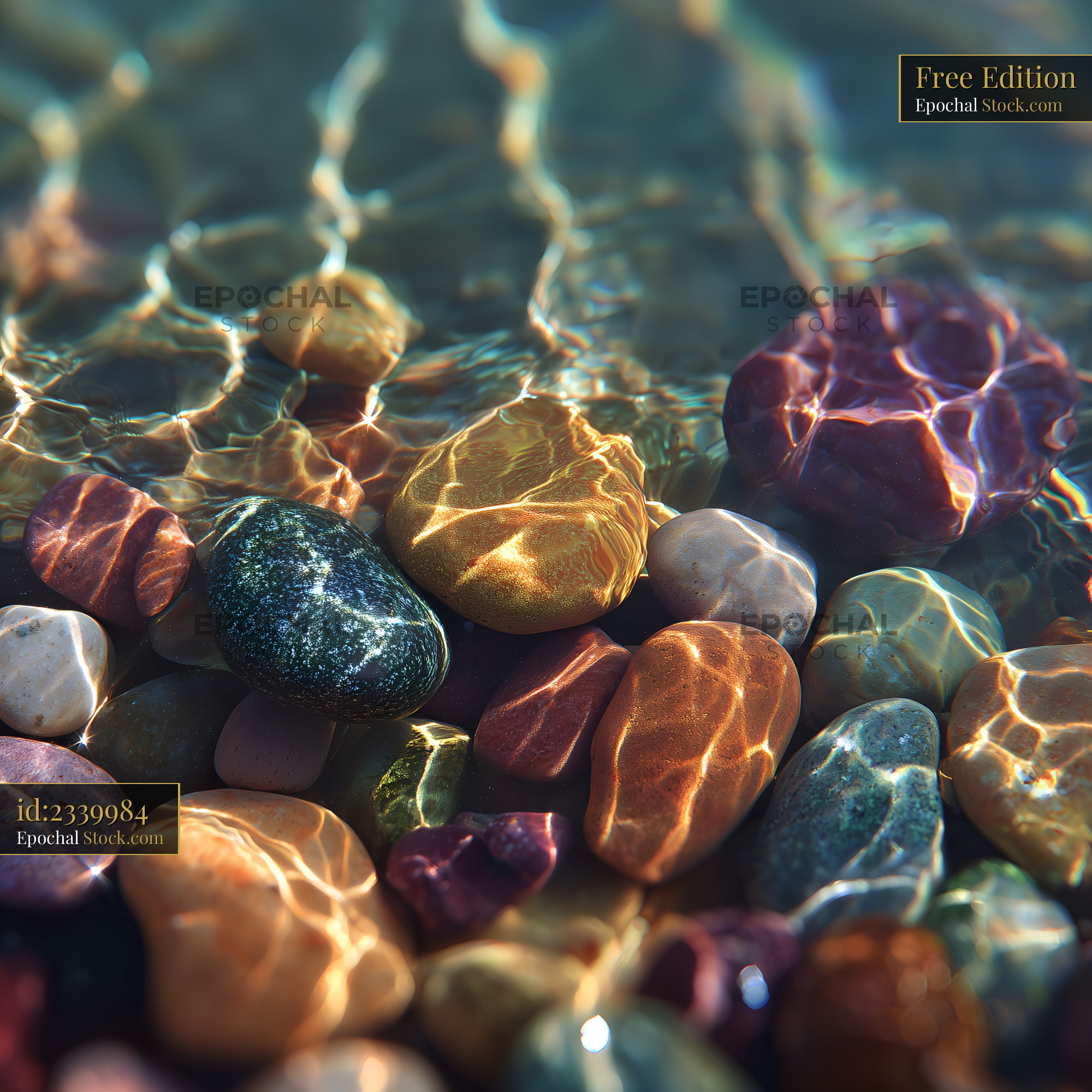 Water reflects light on colorful stones in clear water Free Premium Stock Image