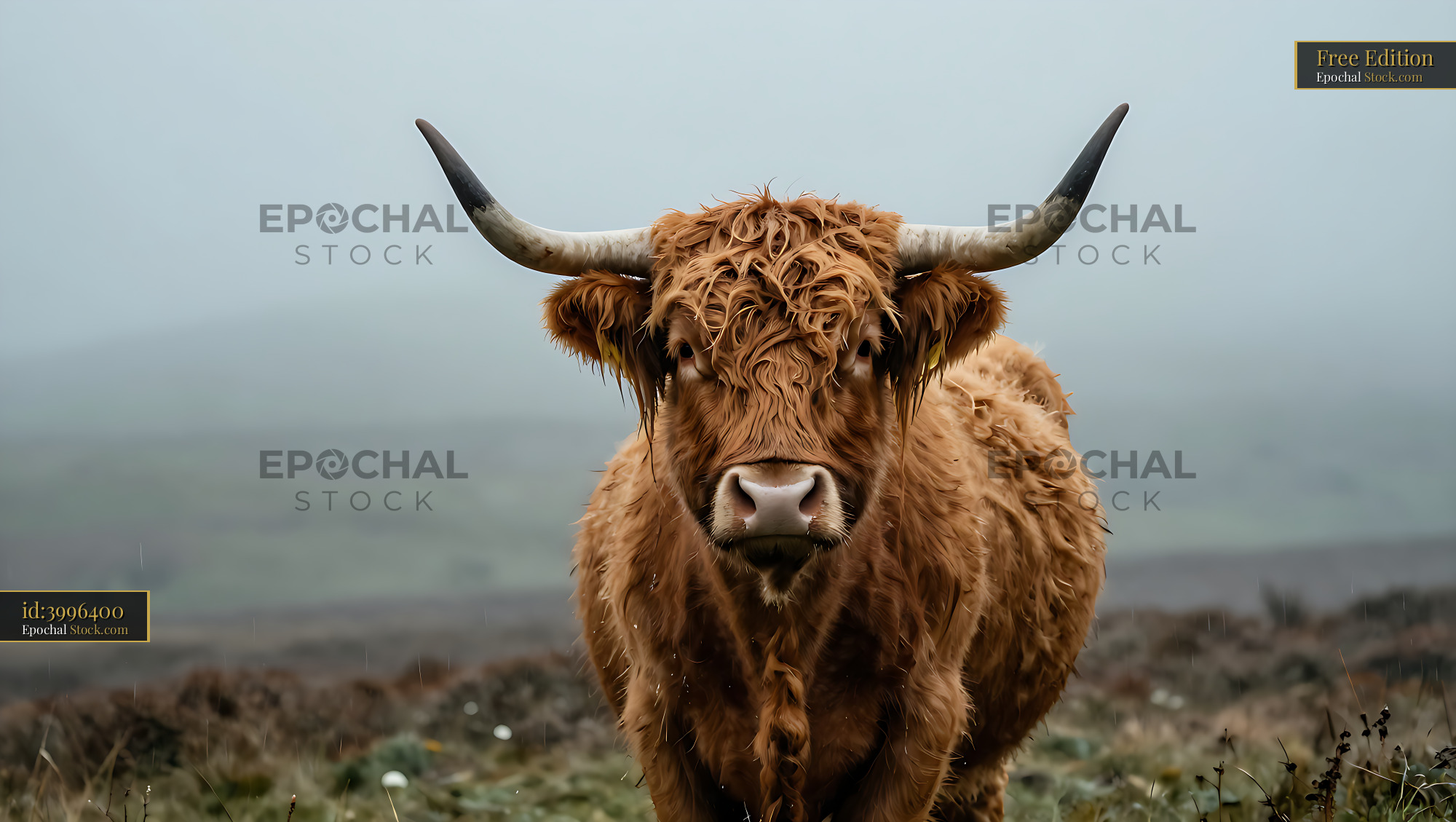 Highland cow with long horns standing in a misty Scottish landscape - stock photo