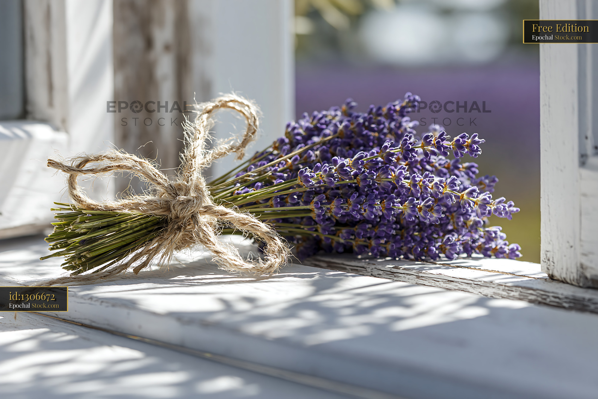 Lavender bouquet tied with twine on a sunny white window sill - stock photo