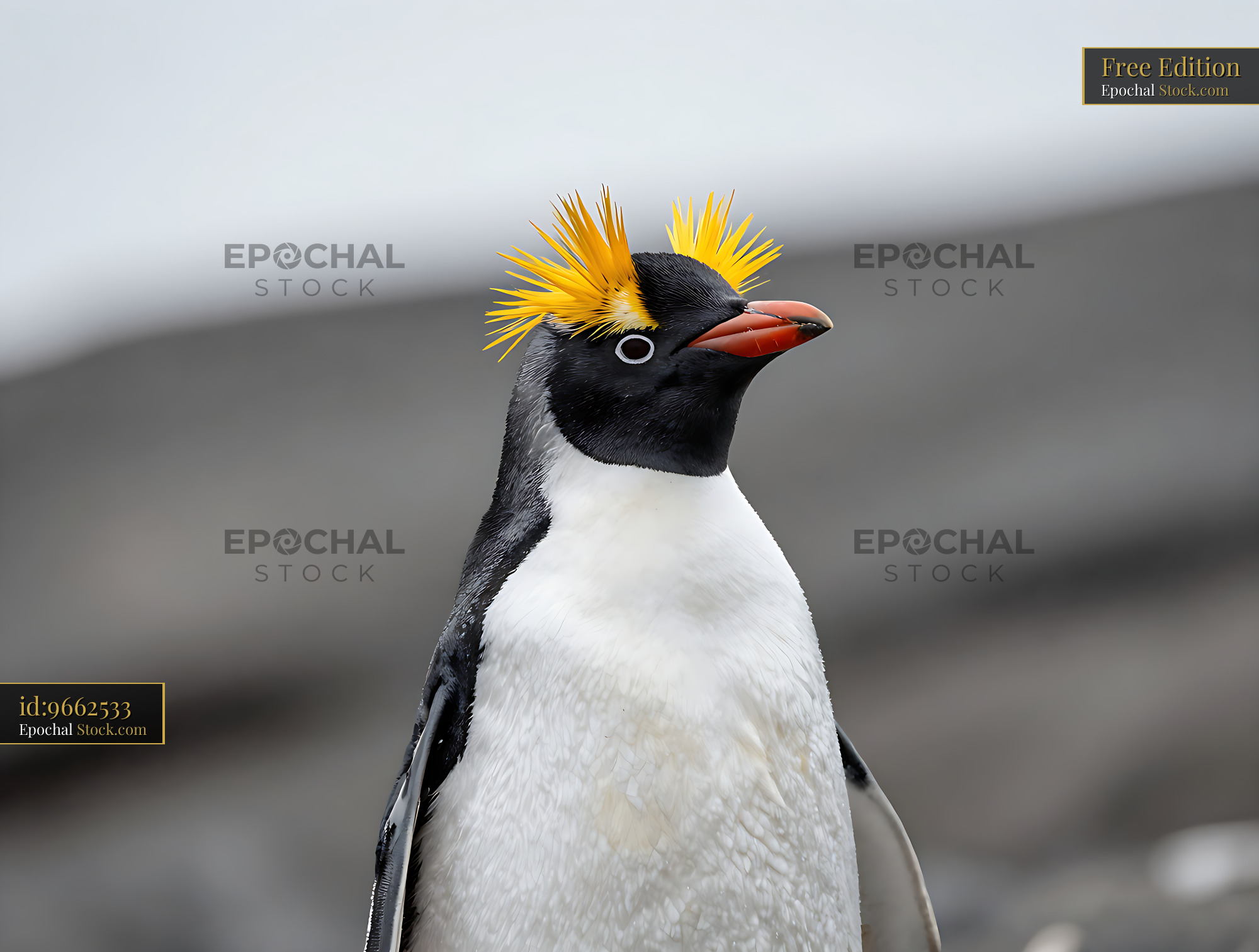 Macaroni penguin with vibrant yellow crest feathers in the wild - stock photo