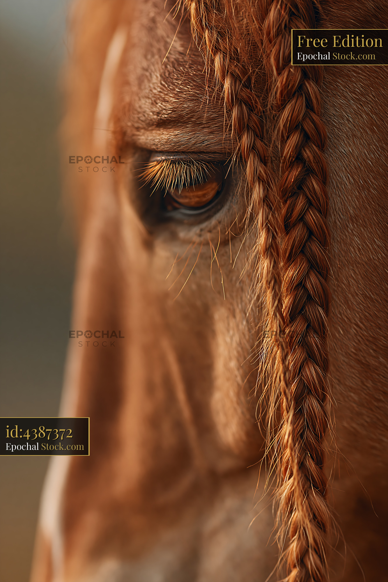 Close up of a chestnut horse eye with braided mane in golden light