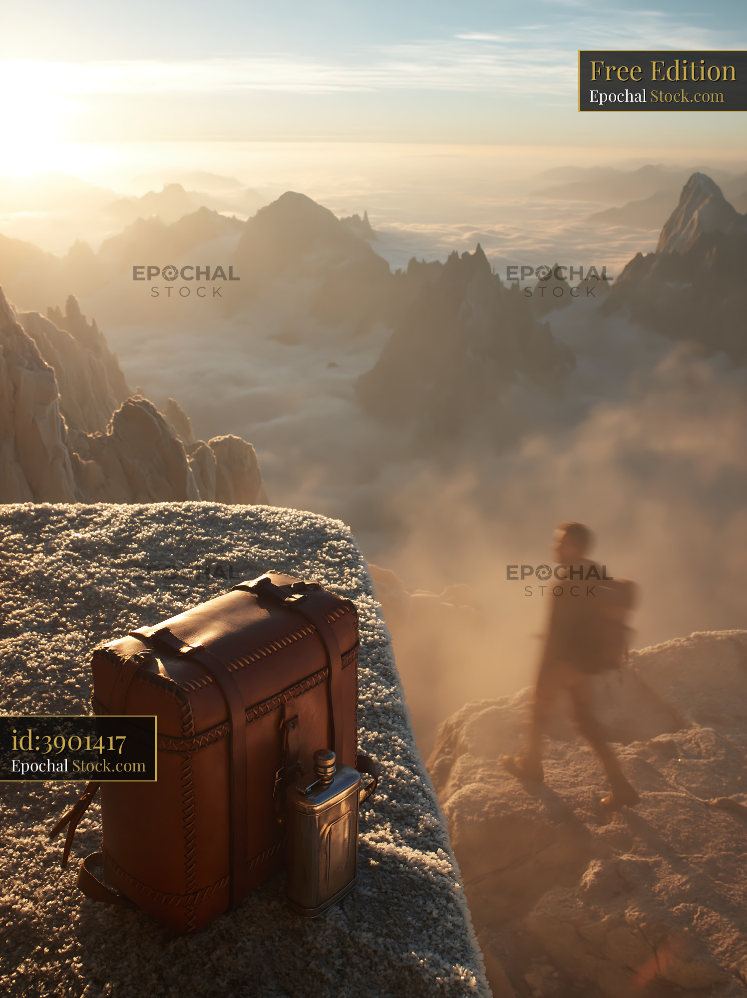 Traveler with vintage suitcase standing on misty mountain overlook at