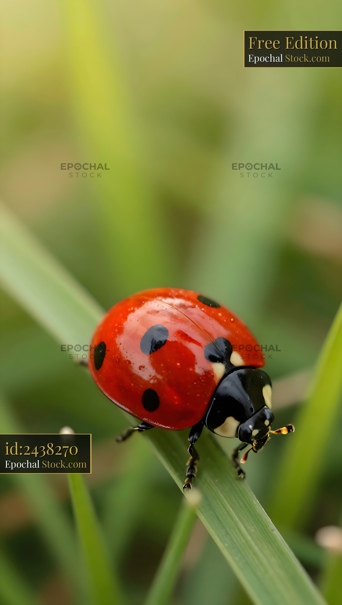 Red ladybug crawling on a green blade of grass in a sunny meadow - stock photo