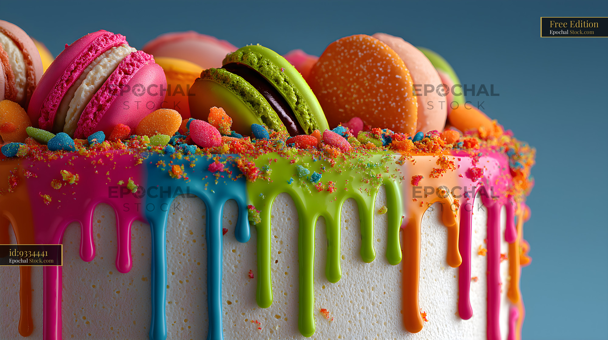 Colorful cake with candies and macarons on top Free Premium Stock Photo