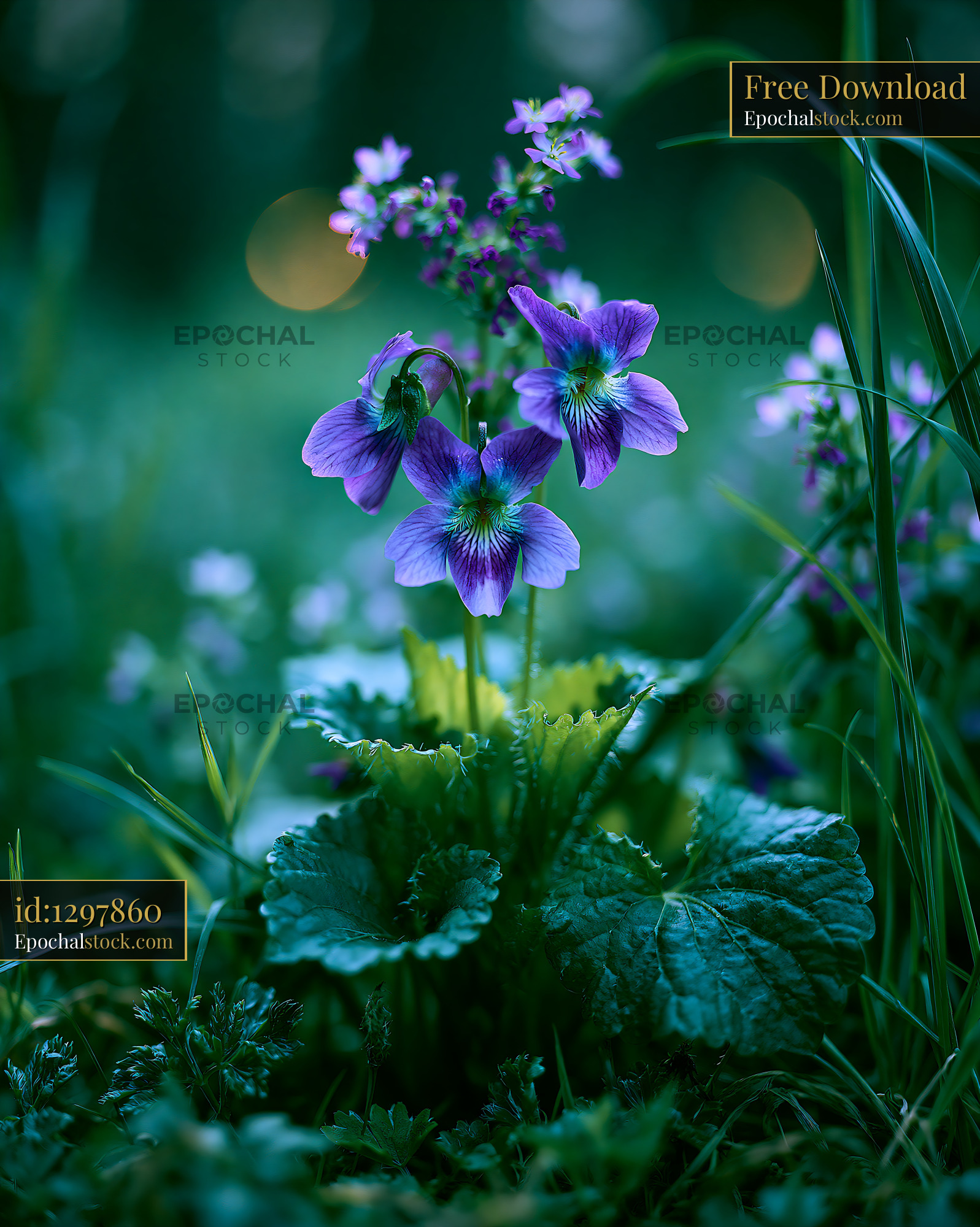 Watermarked full-resolution preview of Violet flowers blooming in green grass during twilight
