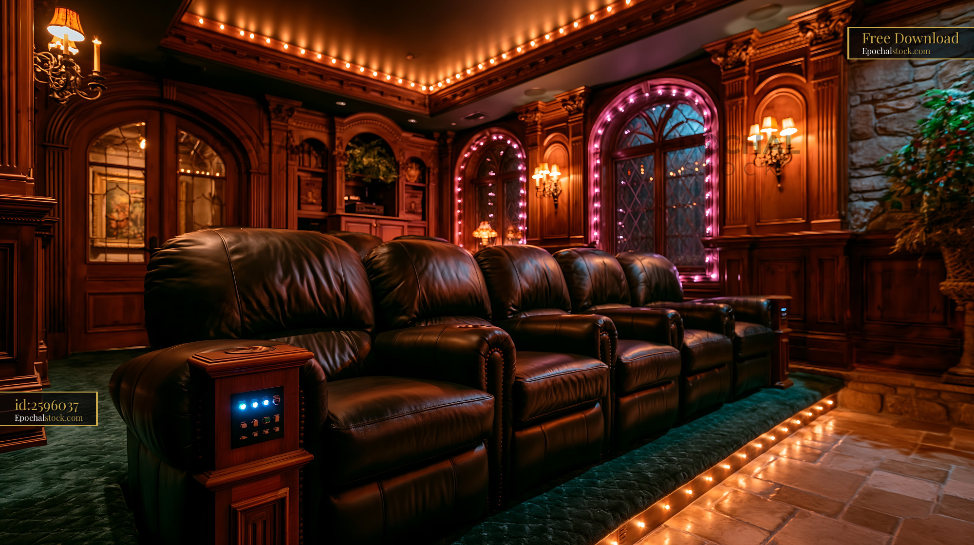 Watermarked full-resolution preview of Luxury home theater with leather seating and ambient lighting