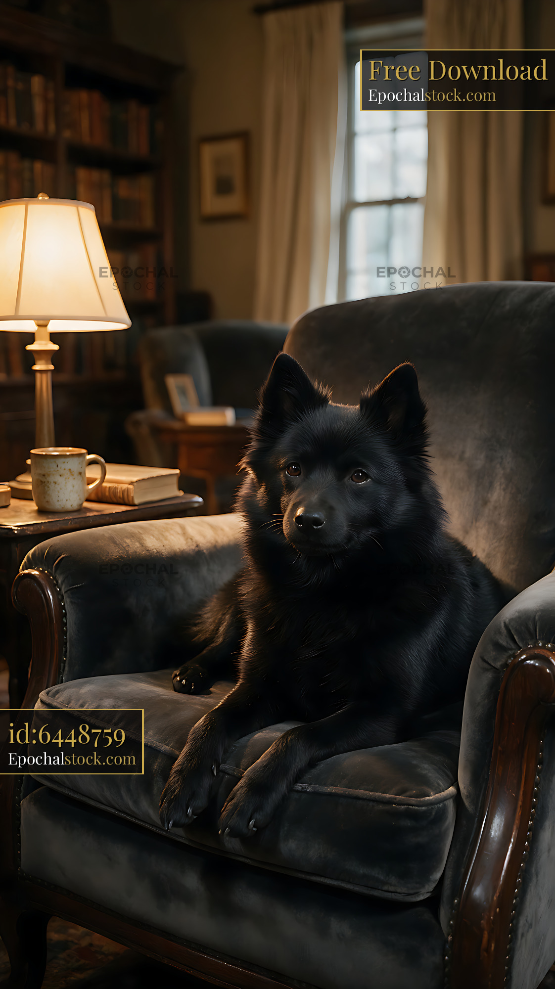 Watermarked full-resolution preview of Black dog relaxing in a warmly lit home library