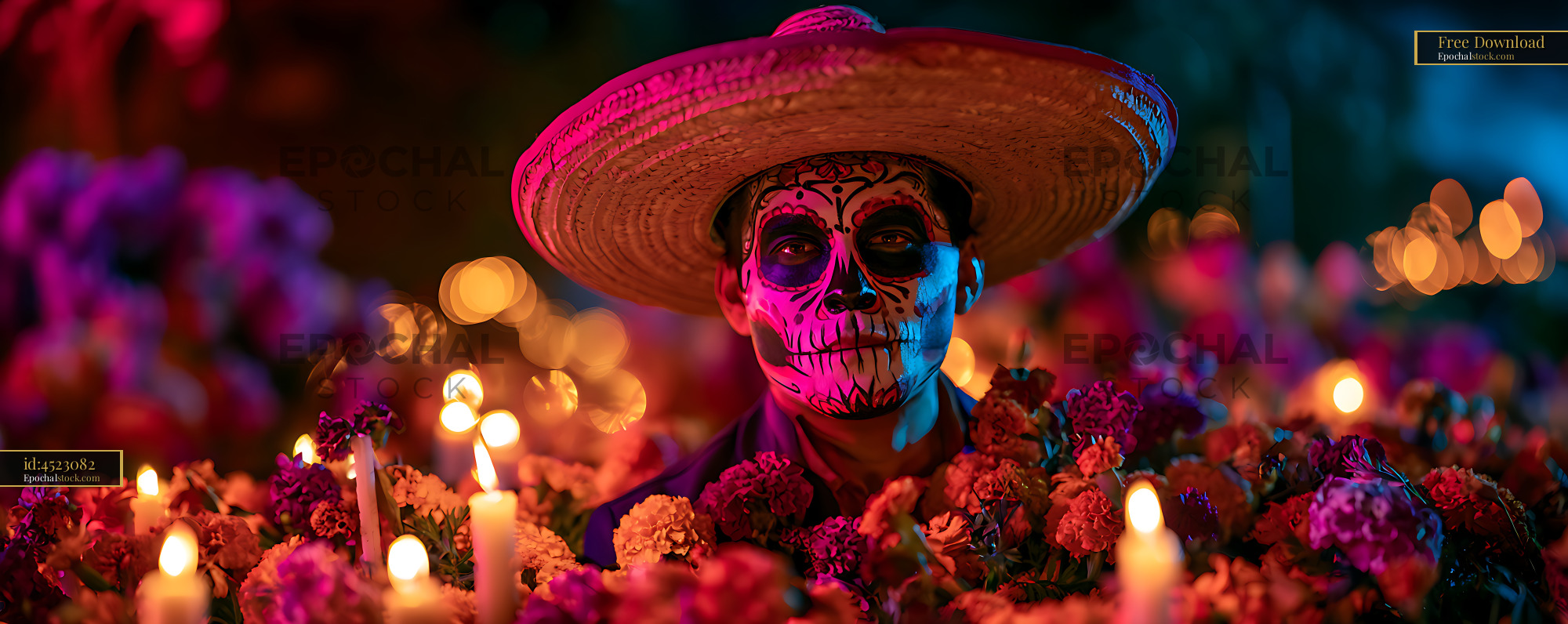 Watermarked full-resolution preview of Skeleton makeup portrait with sombrero, flowers, and candles