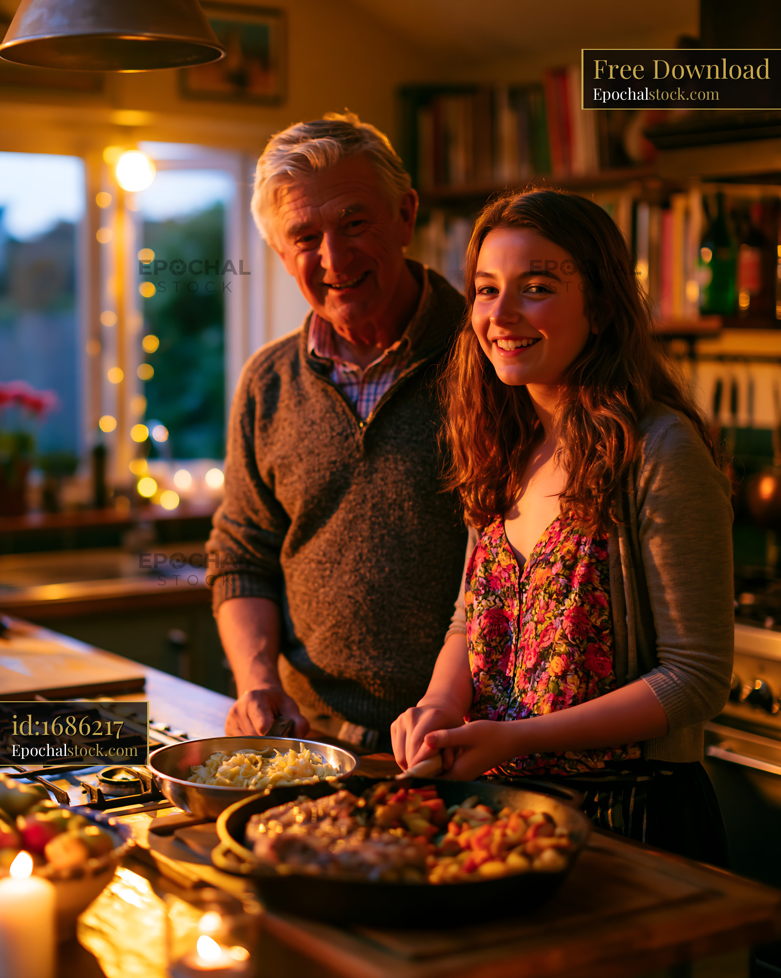 Watermarked full-resolution preview of Cooking together in a cozy kitchen at dusk