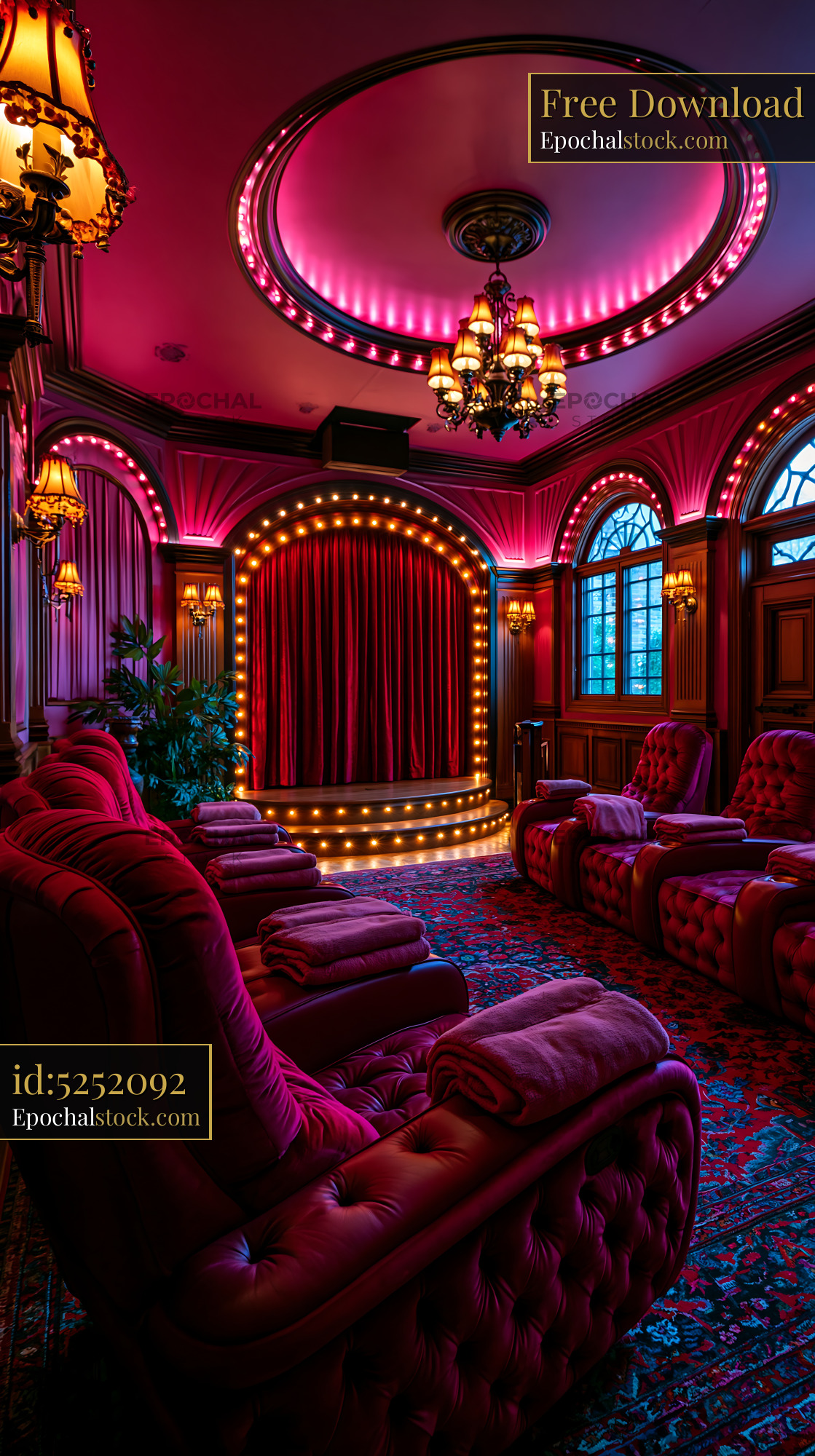 Watermarked full-resolution preview of Home theater with red velvet seating and pink lighting