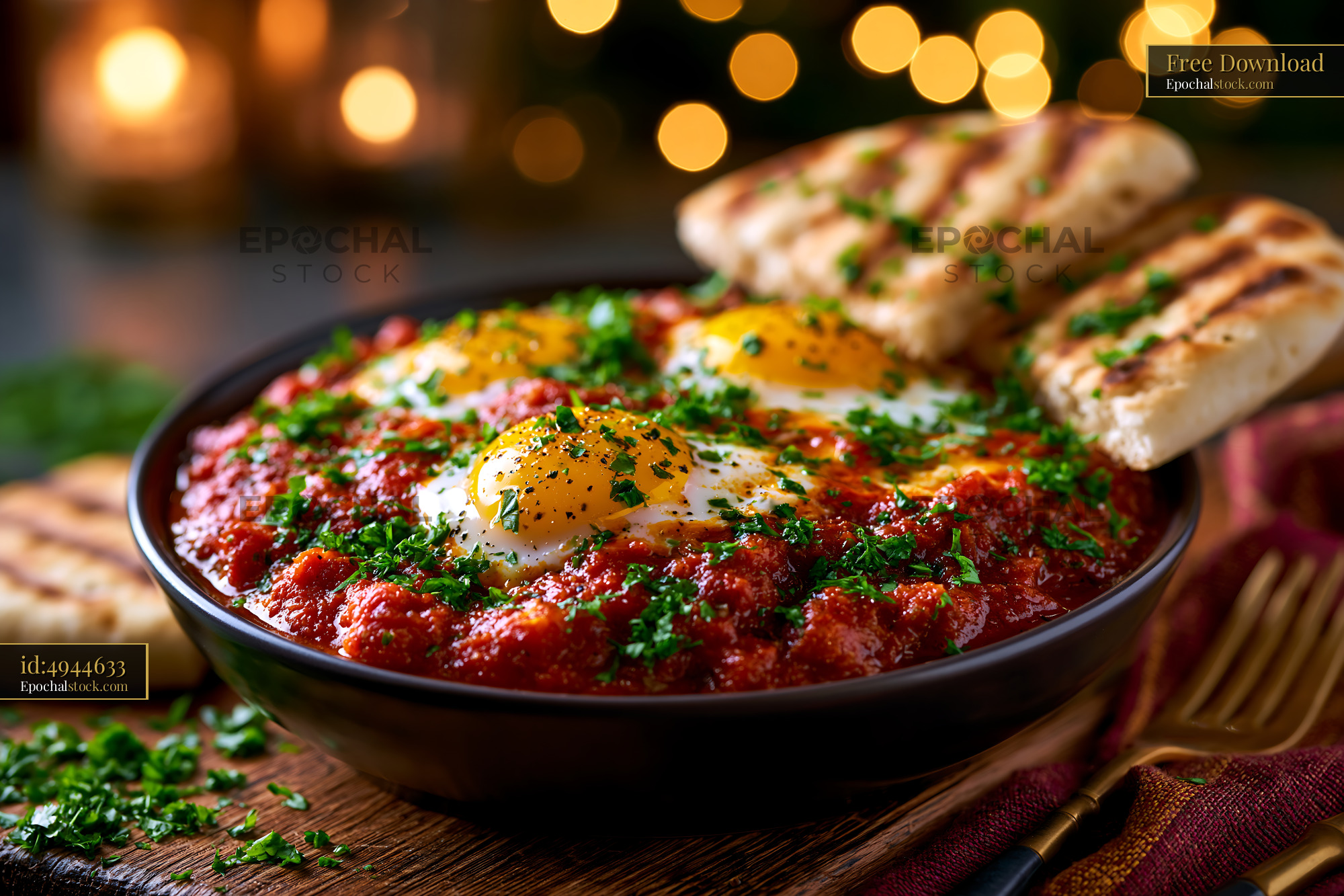 Watermarked full-resolution preview of Eggs on tomato sauce with herbs and flatbread on a wooden table