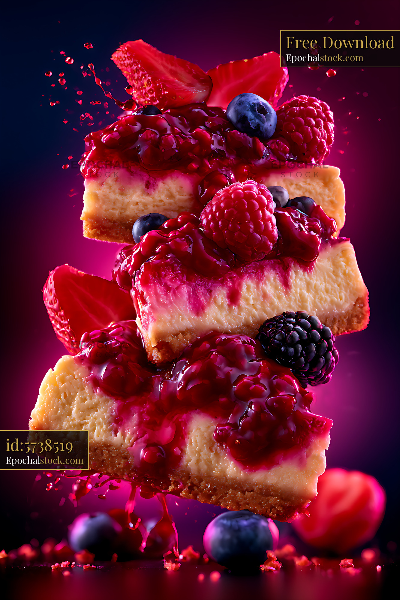 Watermarked full-resolution preview of Colorful stacked cheesecake with mixed berries
