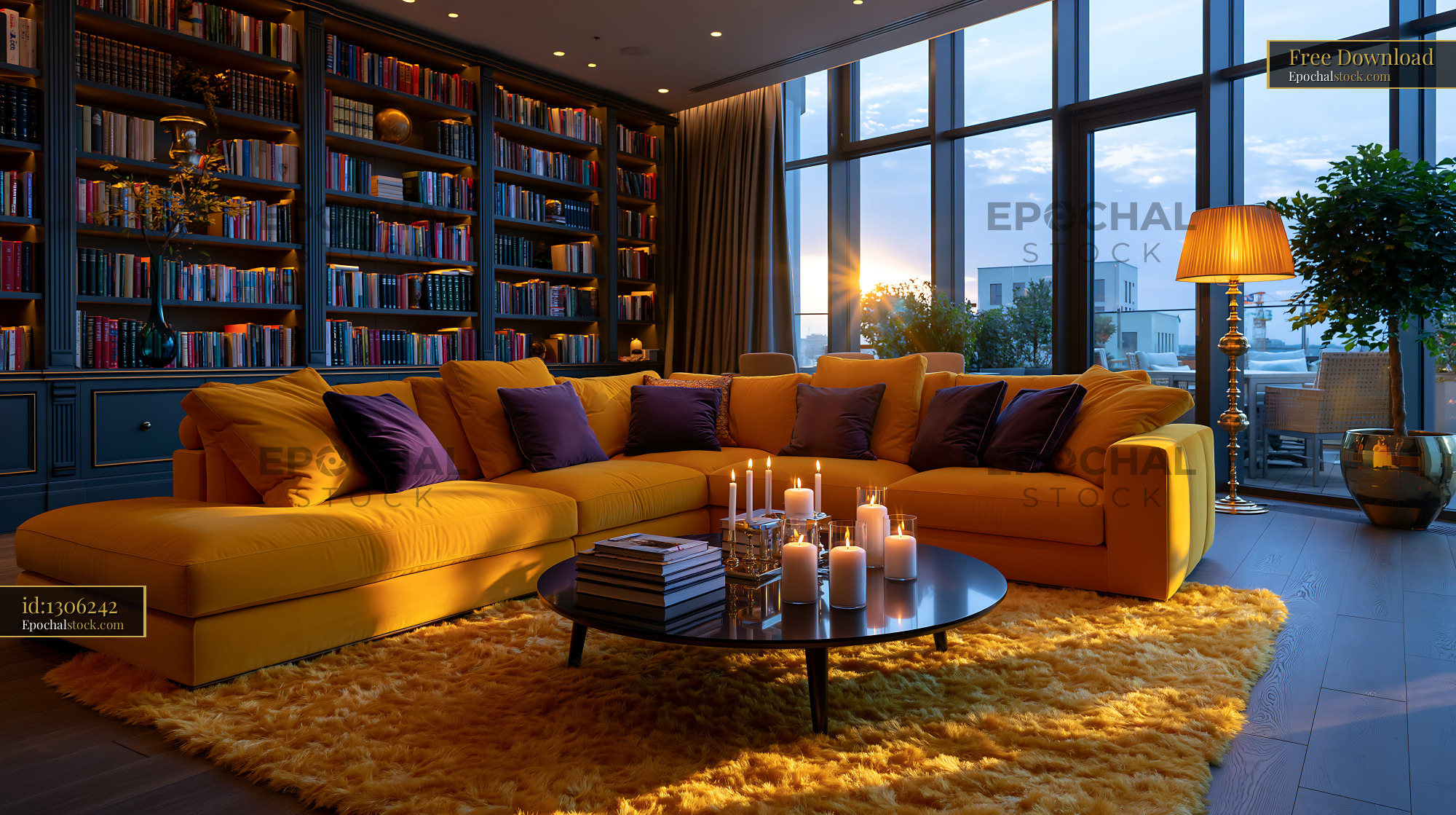 Watermarked full-resolution preview of Cozy living room with yellow sofa and a view of the city