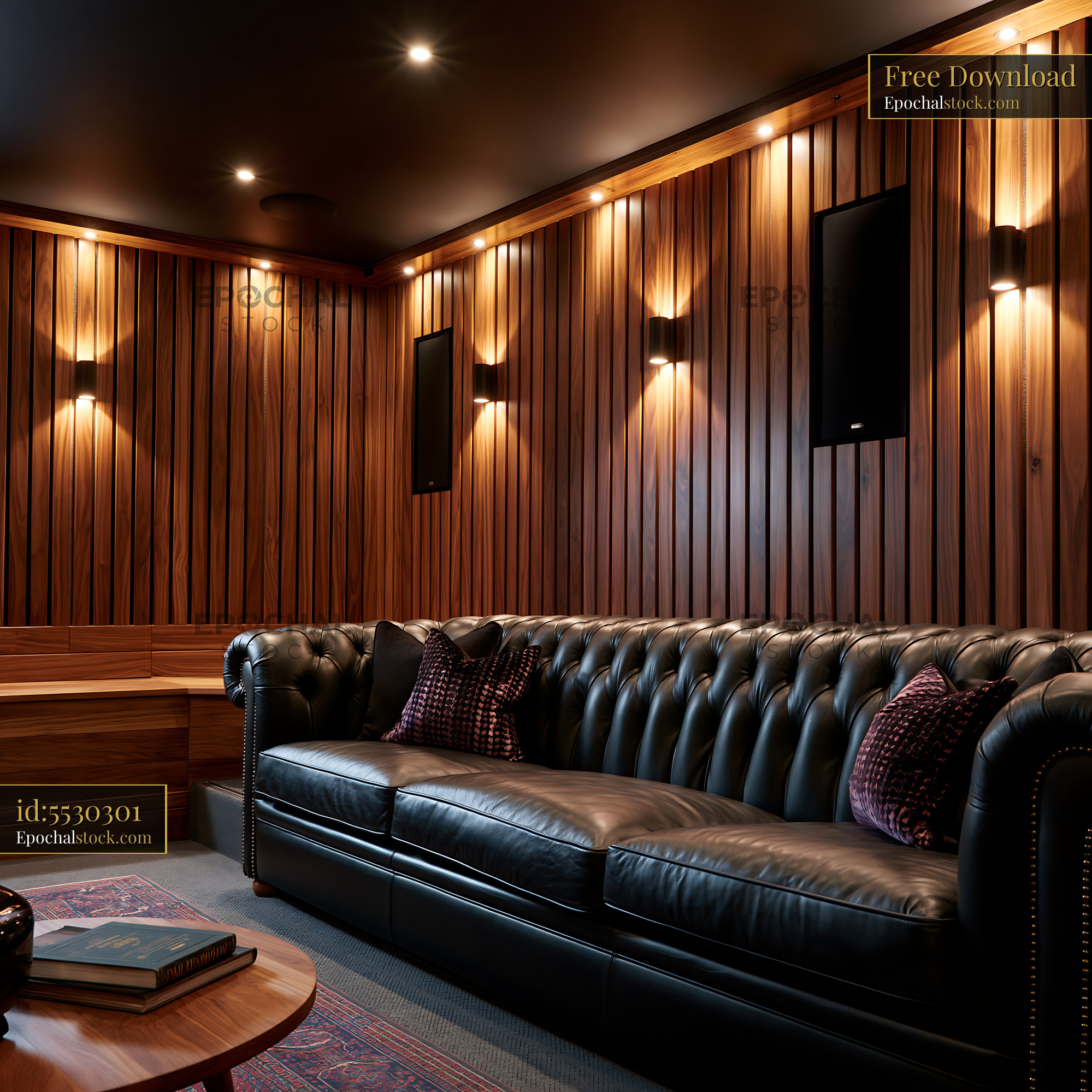 Watermarked full-resolution preview of Modern living room with leather couch and wooden wall
