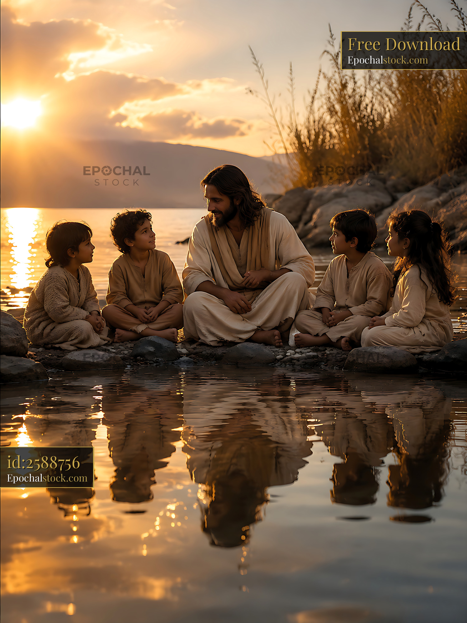 Watermarked full-resolution preview of Children talking with man by the water at sunset