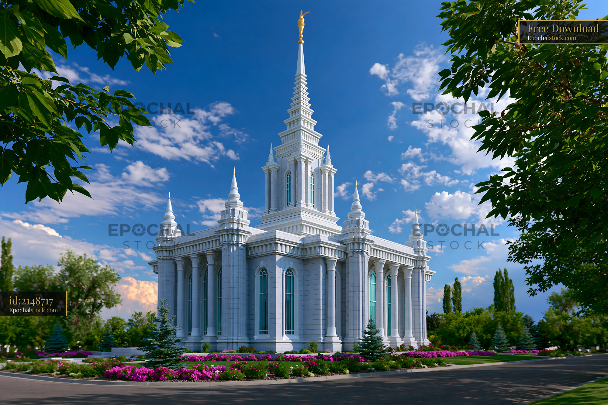 Watermarked full-resolution preview of White temple surrounded by greenery and colorful flowers