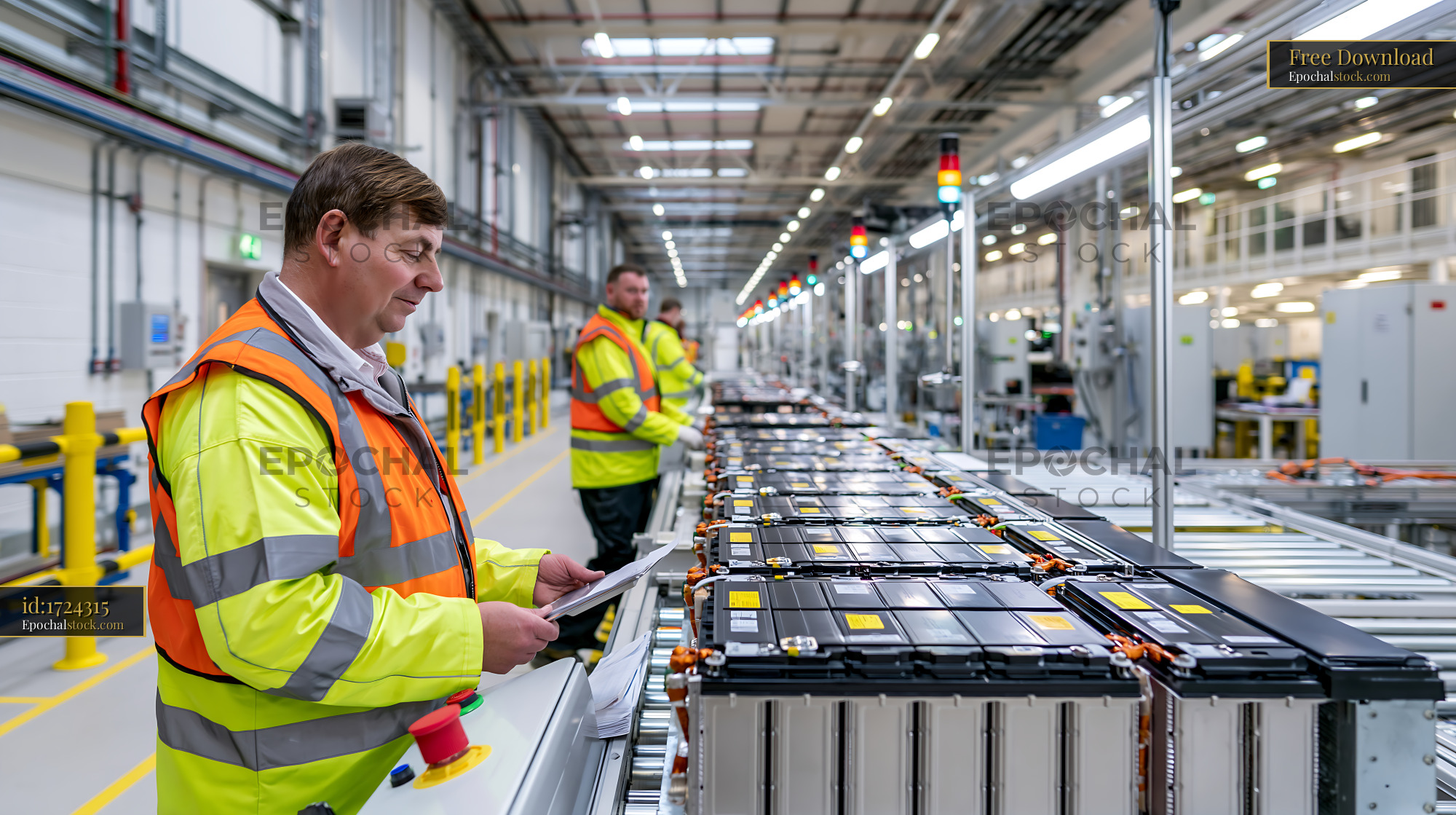 Watermarked full-resolution preview of Workers inspecting batteries in a manufacturing facility
