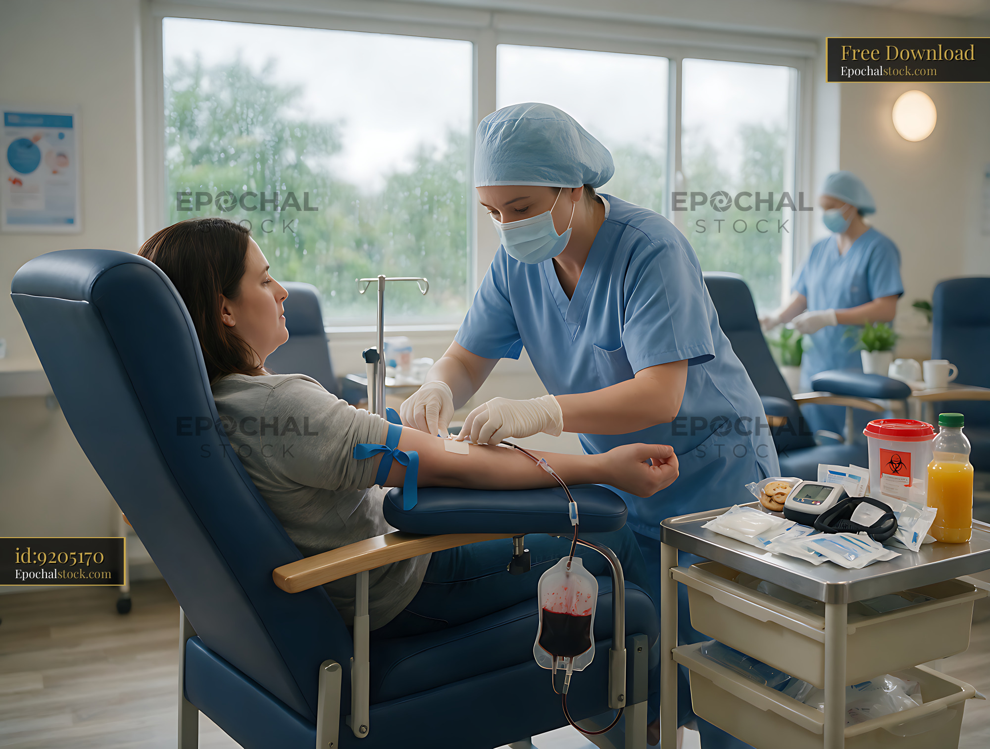 Watermarked full-resolution preview of Donor receiving blood draw in medical donation room