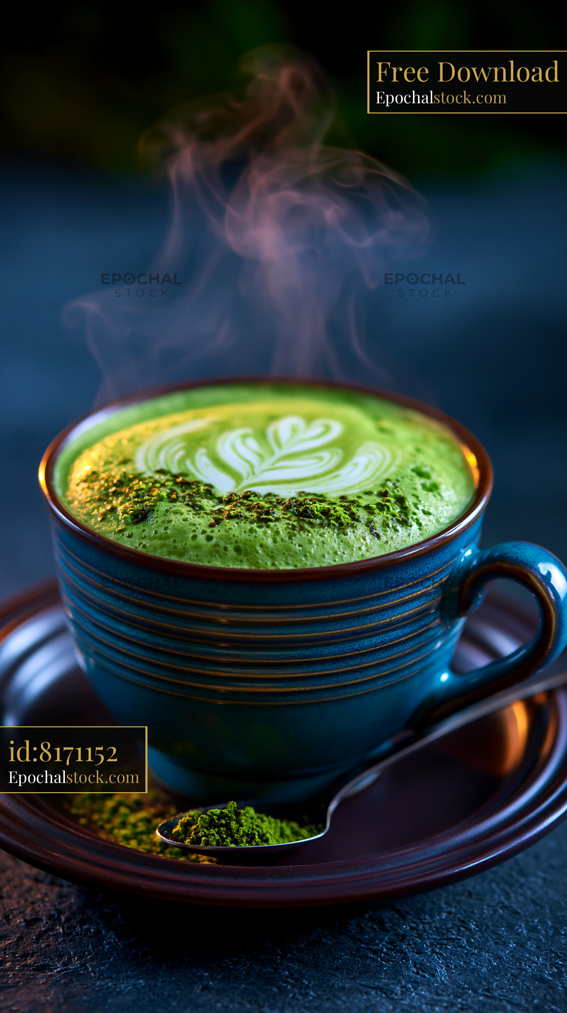 Watermarked full-resolution preview of Green matcha latte with frothy latte art and rising steam