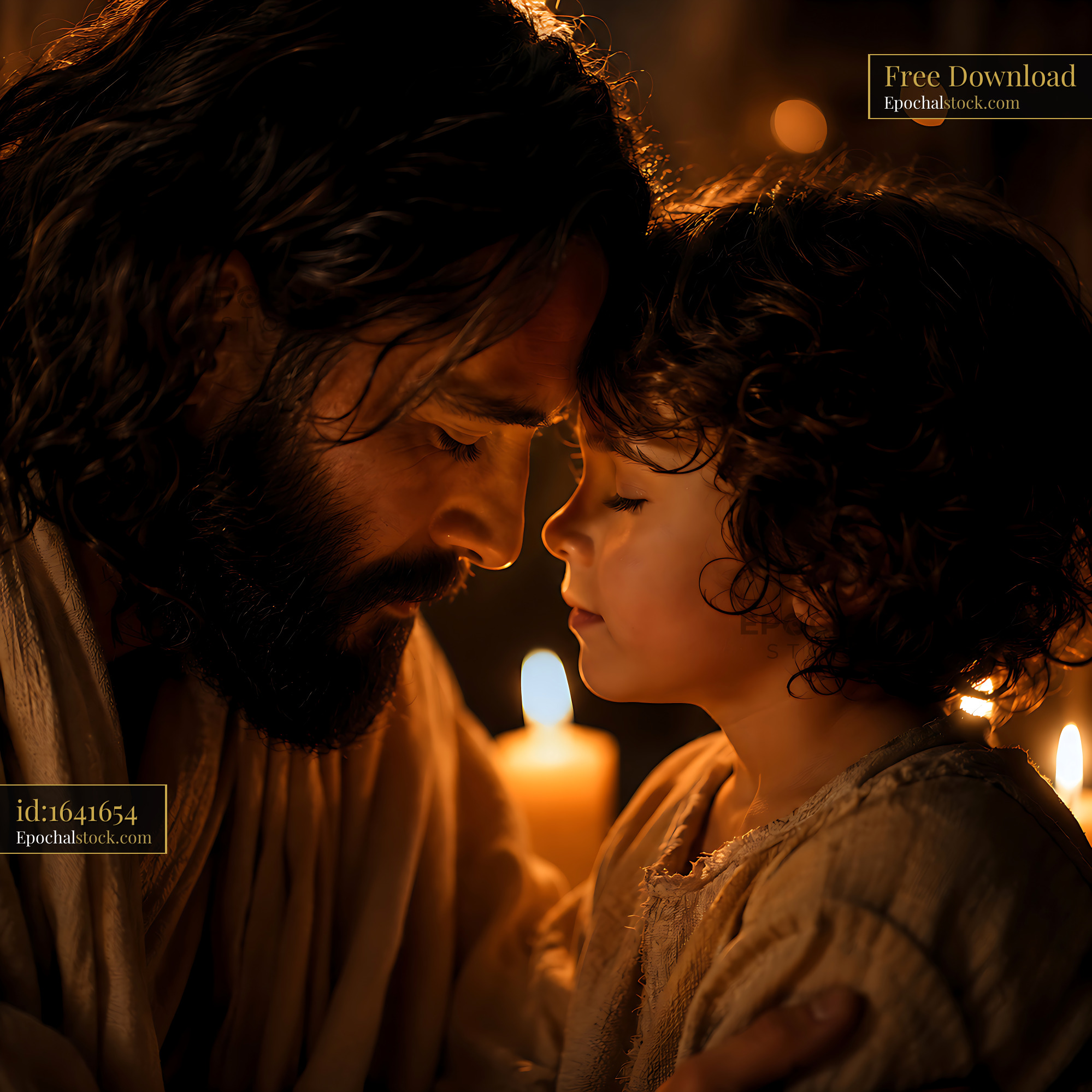 Man and Child Share a Moment by Candlelight With Deep Emotion - stock photo