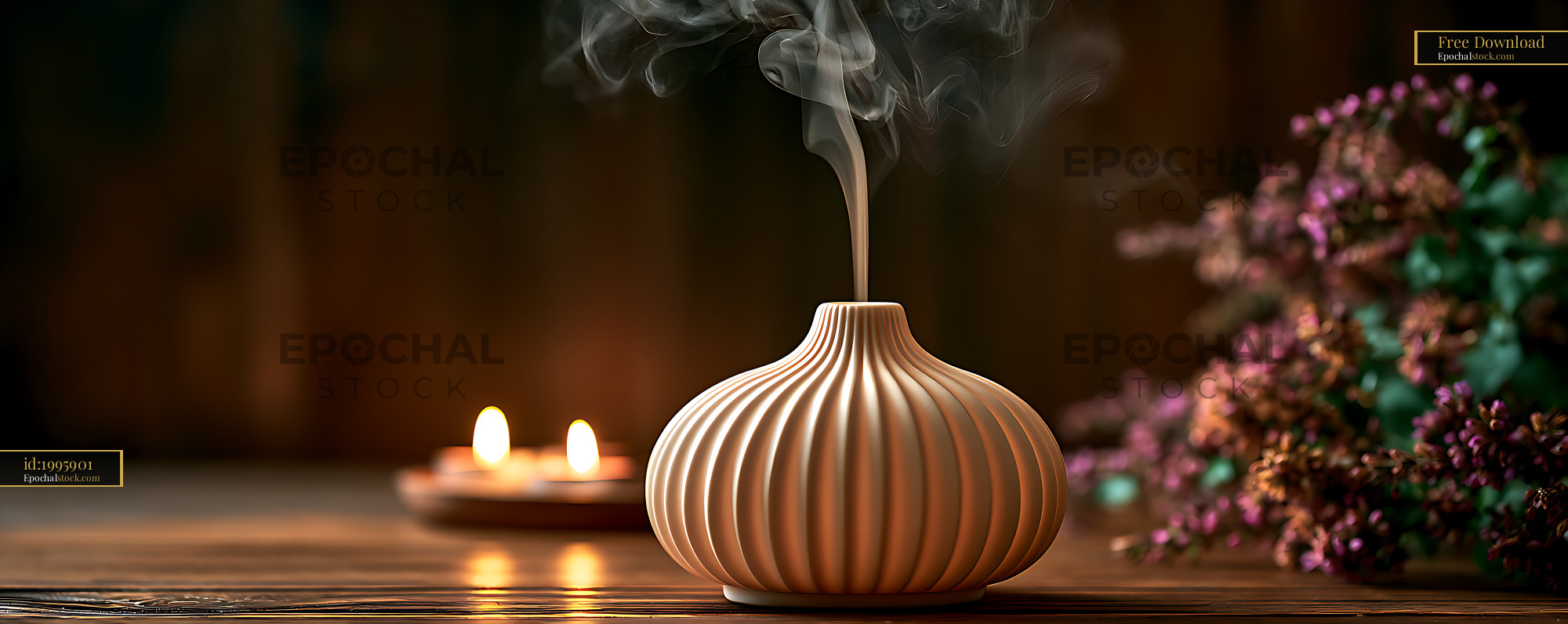 Watermarked full-resolution preview of Decorative vase with smoke, candles, and flowers