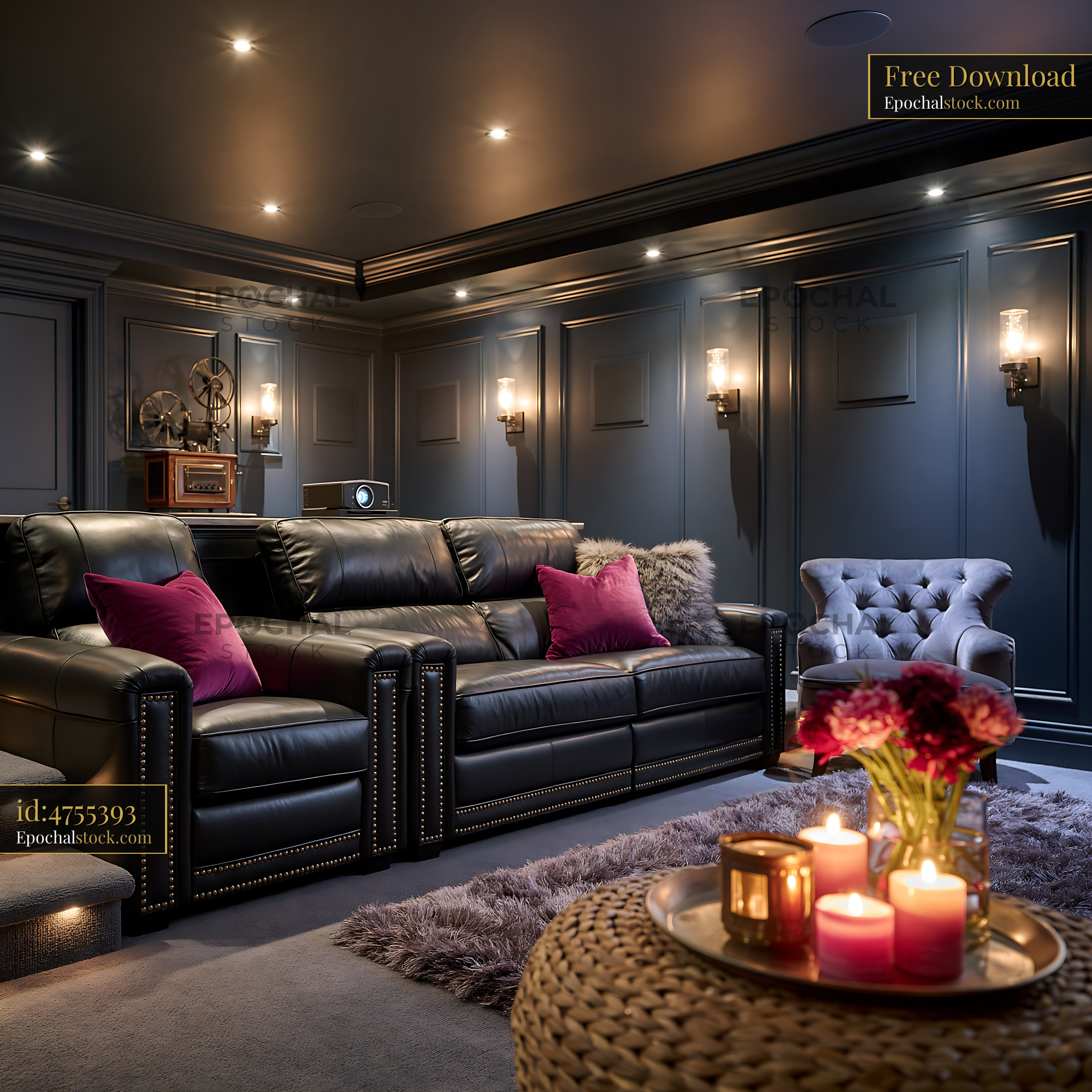 Watermarked full-resolution preview of Cozy home theater with comfortable seating and warm lighting