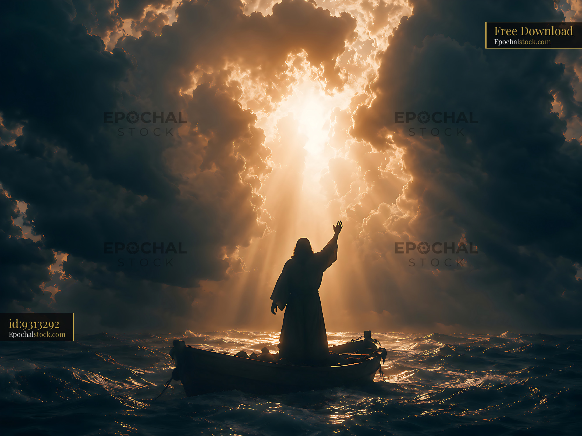 Watermarked full-resolution preview of Person in a boat on water under dramatic, cloudy sky