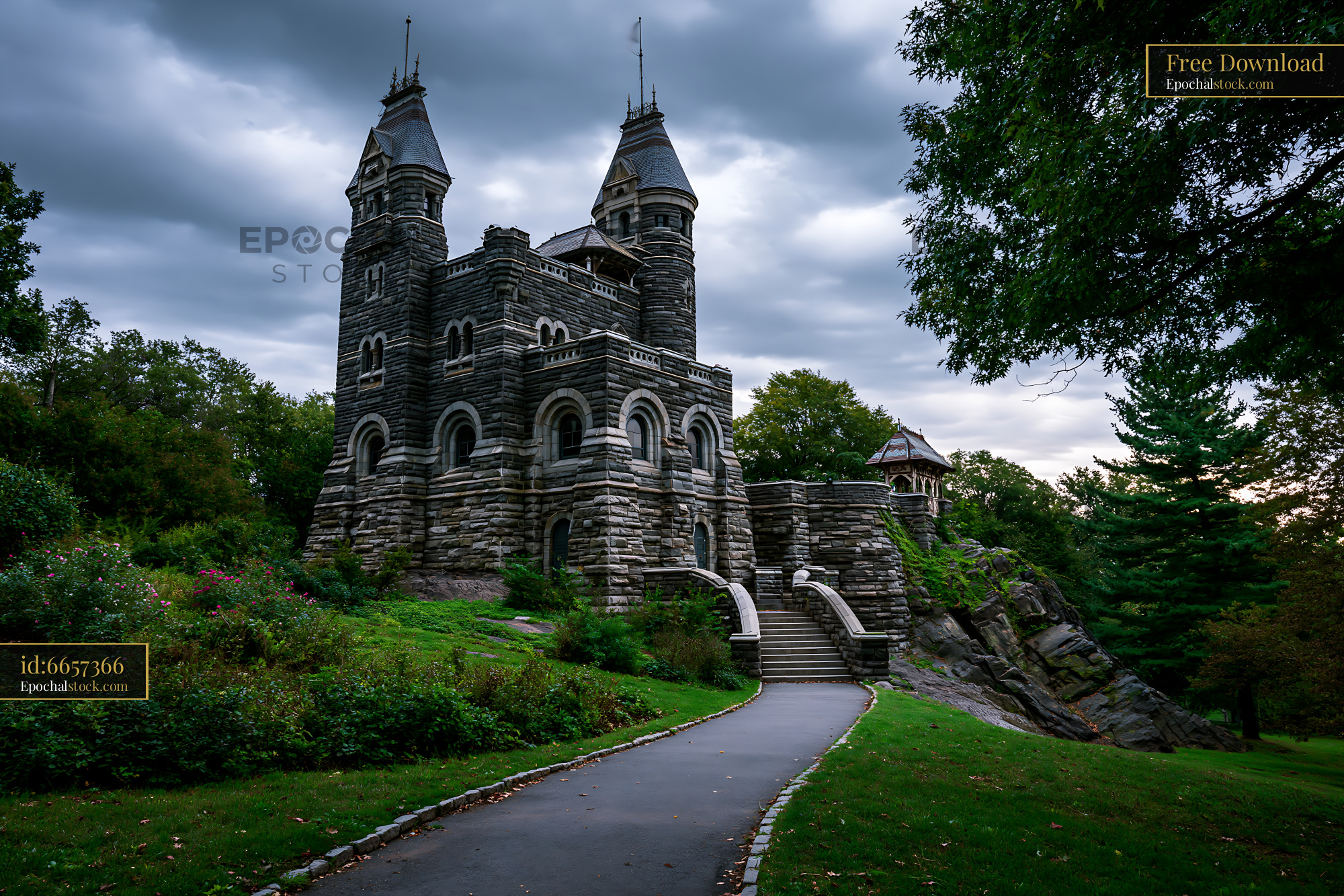 Watermarked full-resolution preview of Stone castle with towers amidst cloudy skies in a park
