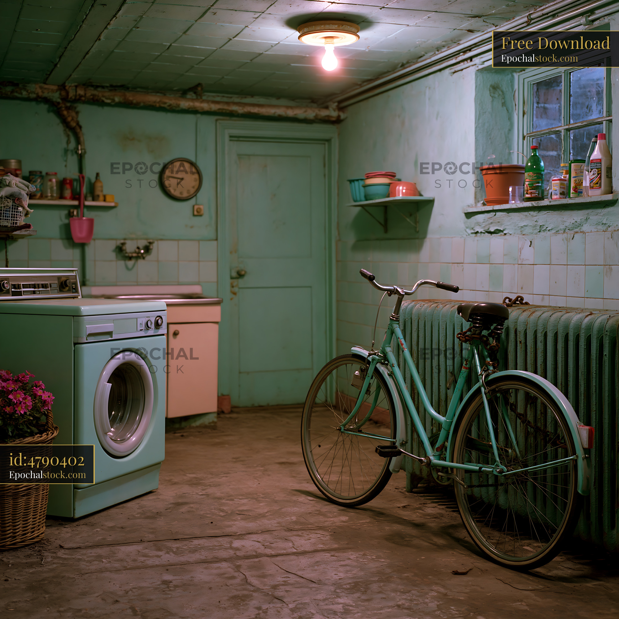 Watermarked full-resolution preview of Vintage laundry room with a bicycle and washing machine