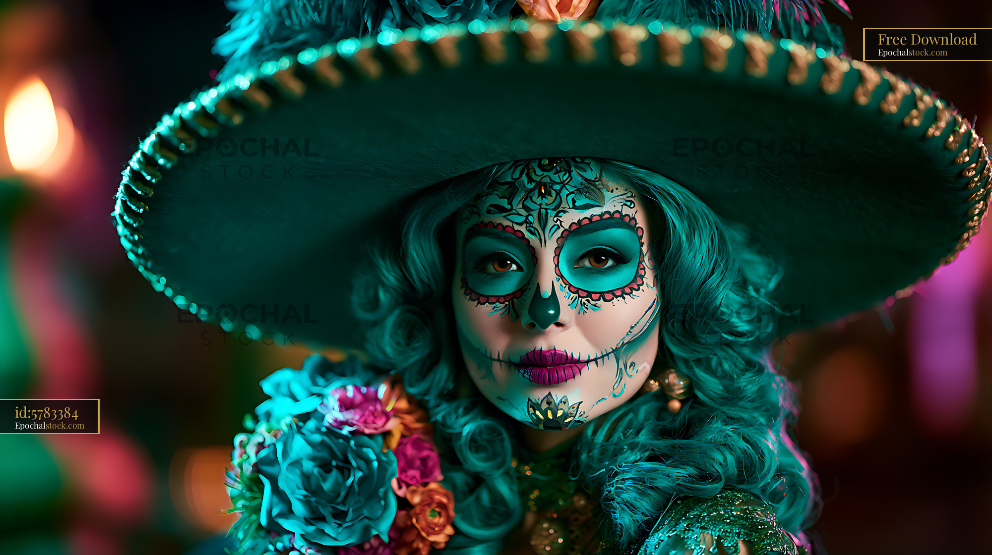 Watermarked full-resolution preview of Colorful sugar skull makeup portrait with decorated sombrero