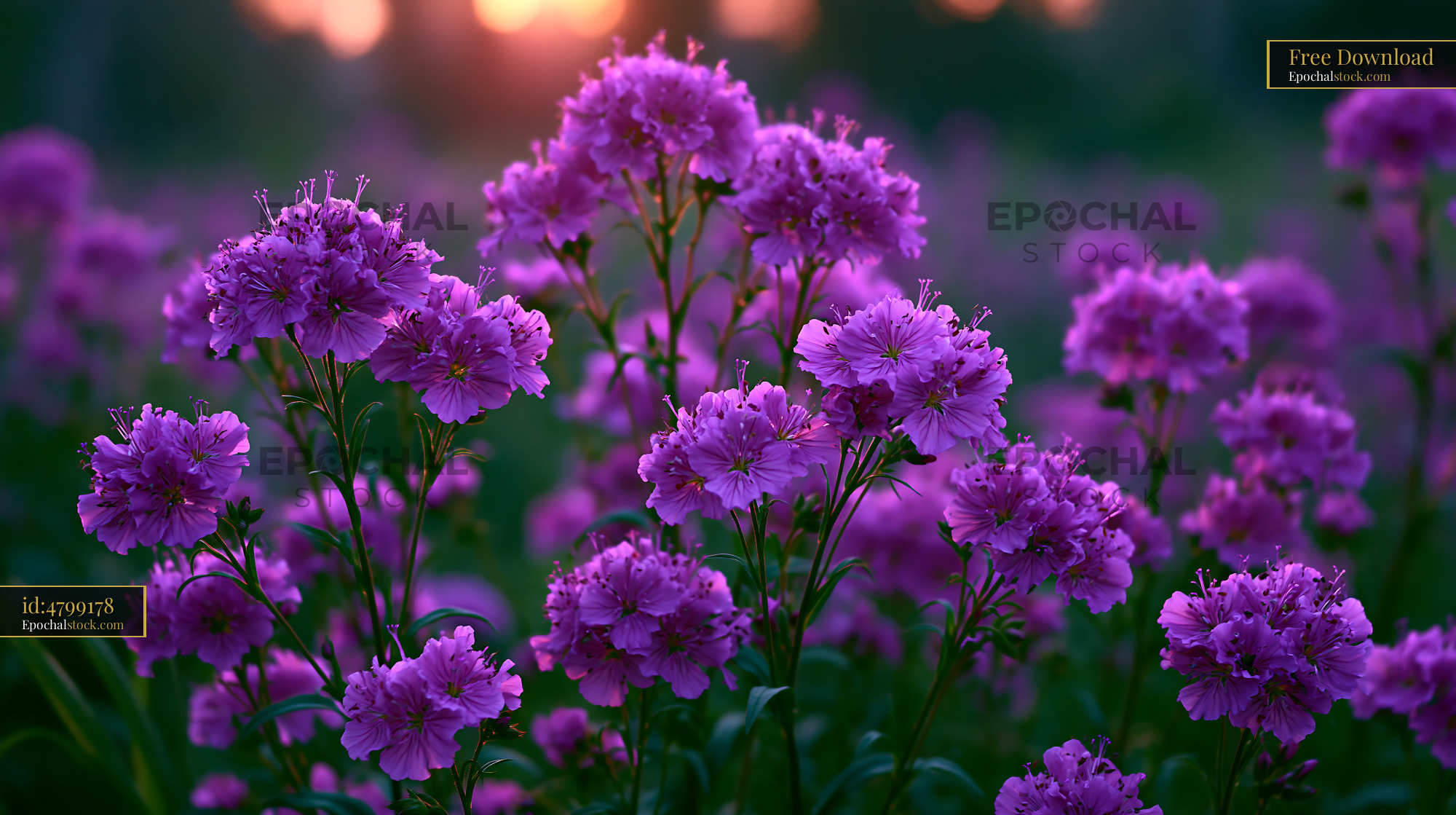 Watermarked full-resolution preview of Purple flowers bloom in evening light