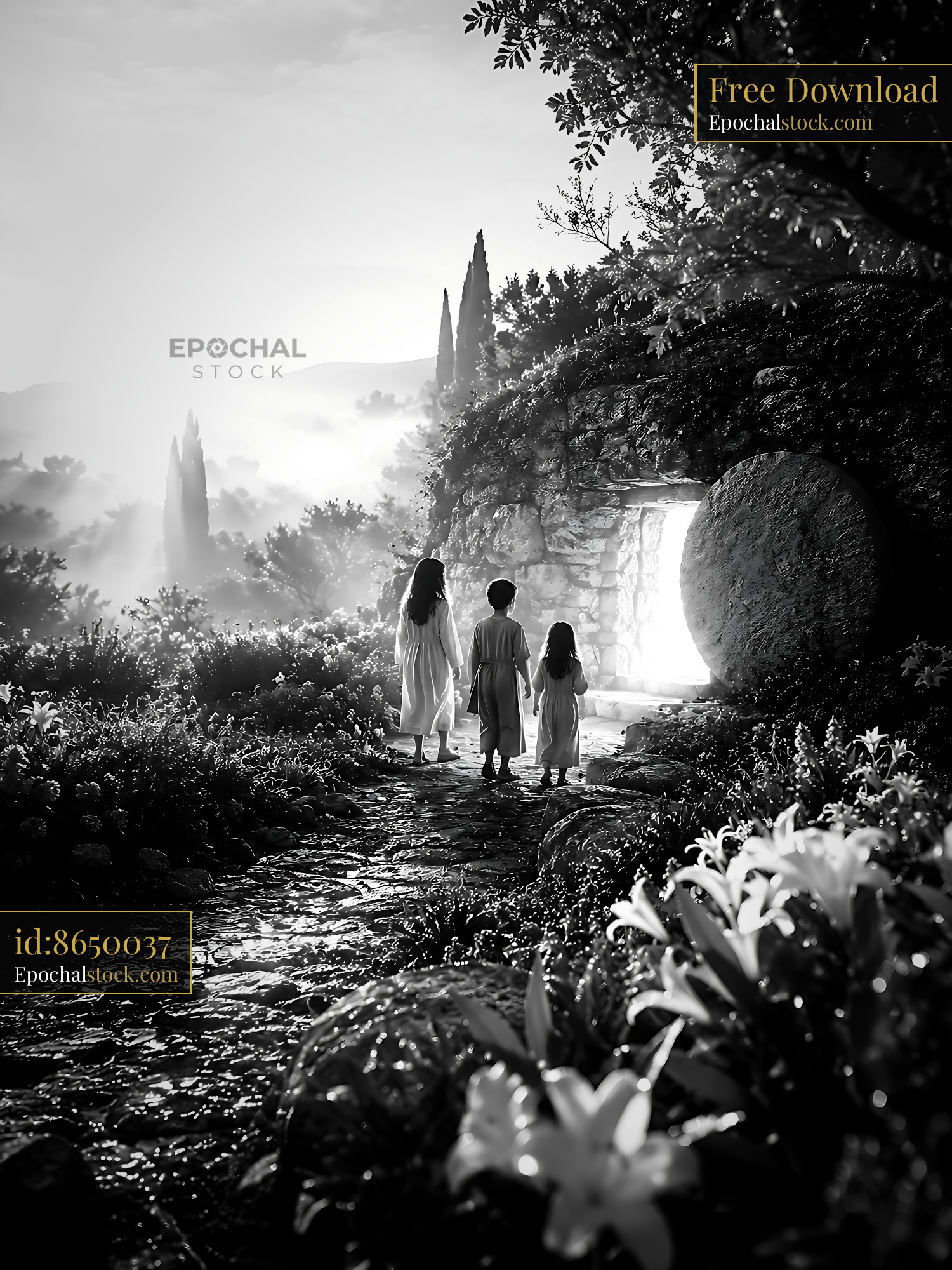 Watermarked full-resolution preview of Children walking on a path in a garden at dawn