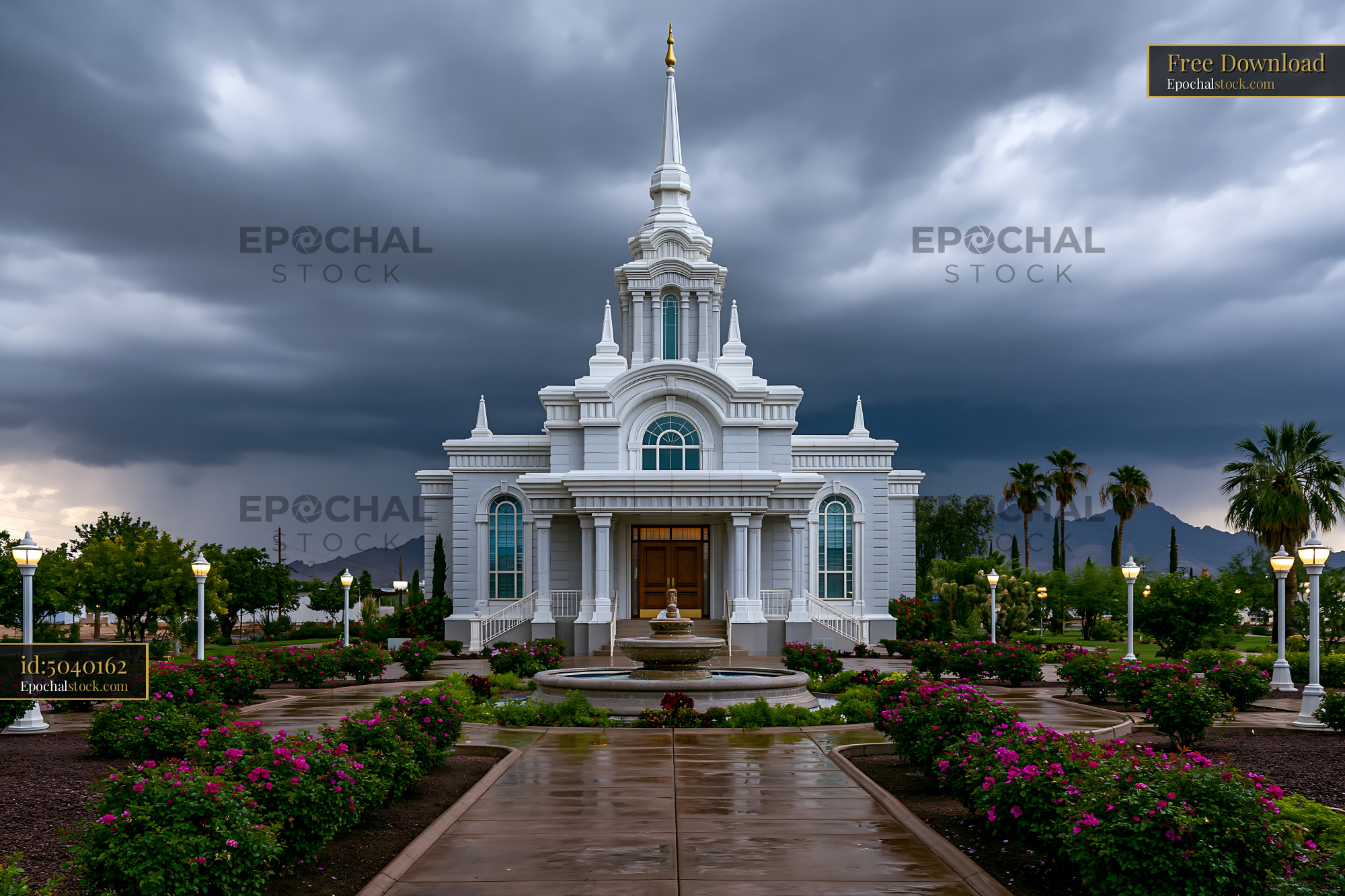 Watermarked full-resolution preview of Building with a spire and dark storm clouds in the background