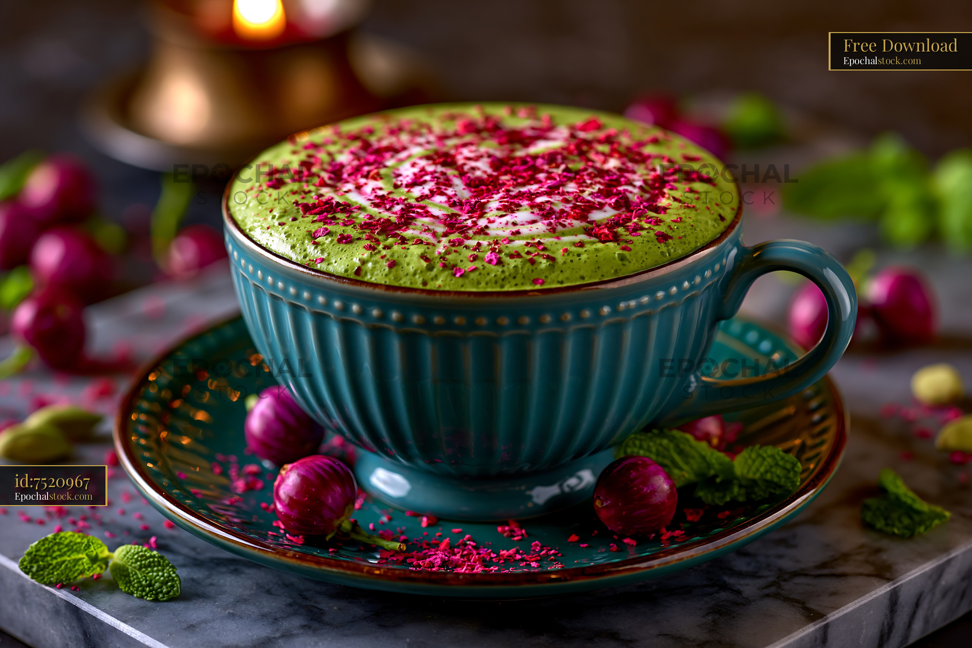 Watermarked full-resolution preview of Green matcha drink with decorative toppings on a marble surface