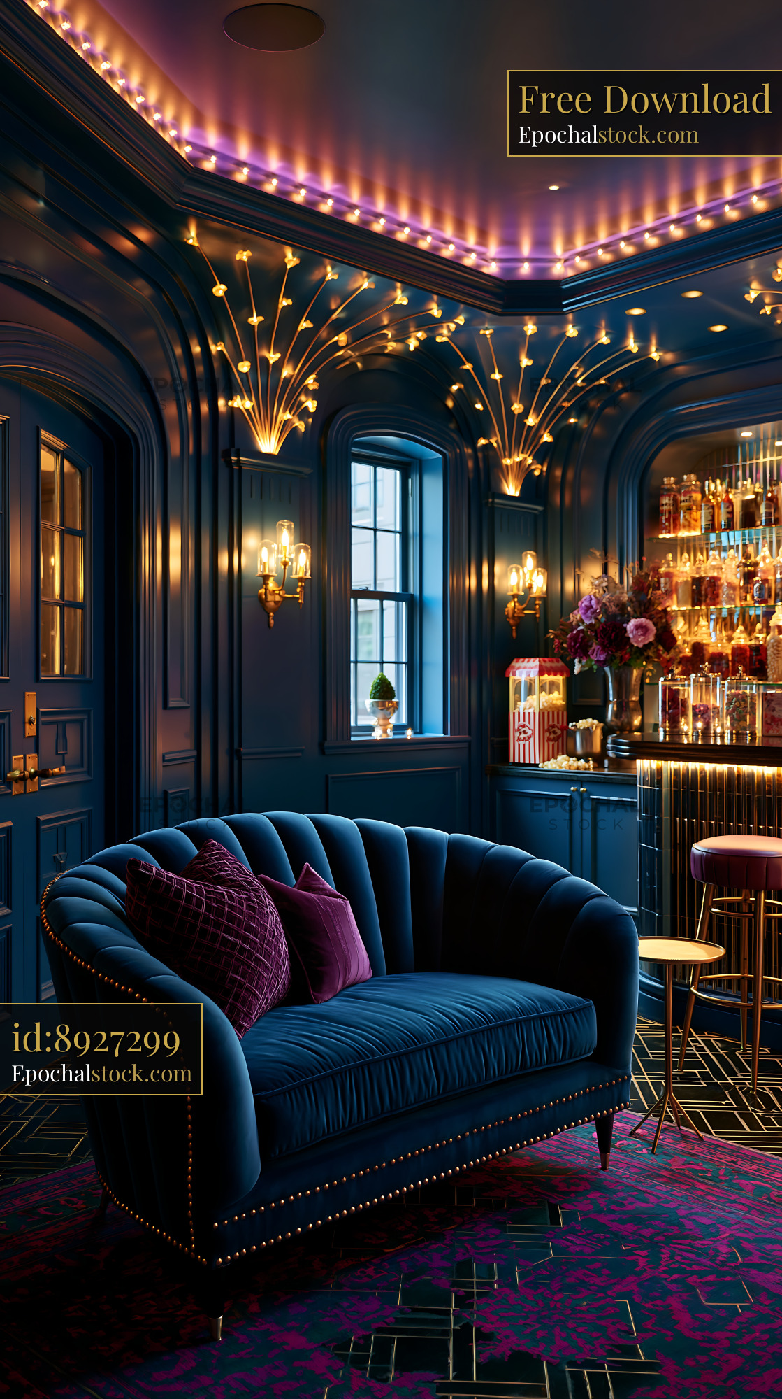 Watermarked full-resolution preview of Elegant lounge interior with blue sofa and stylish bar