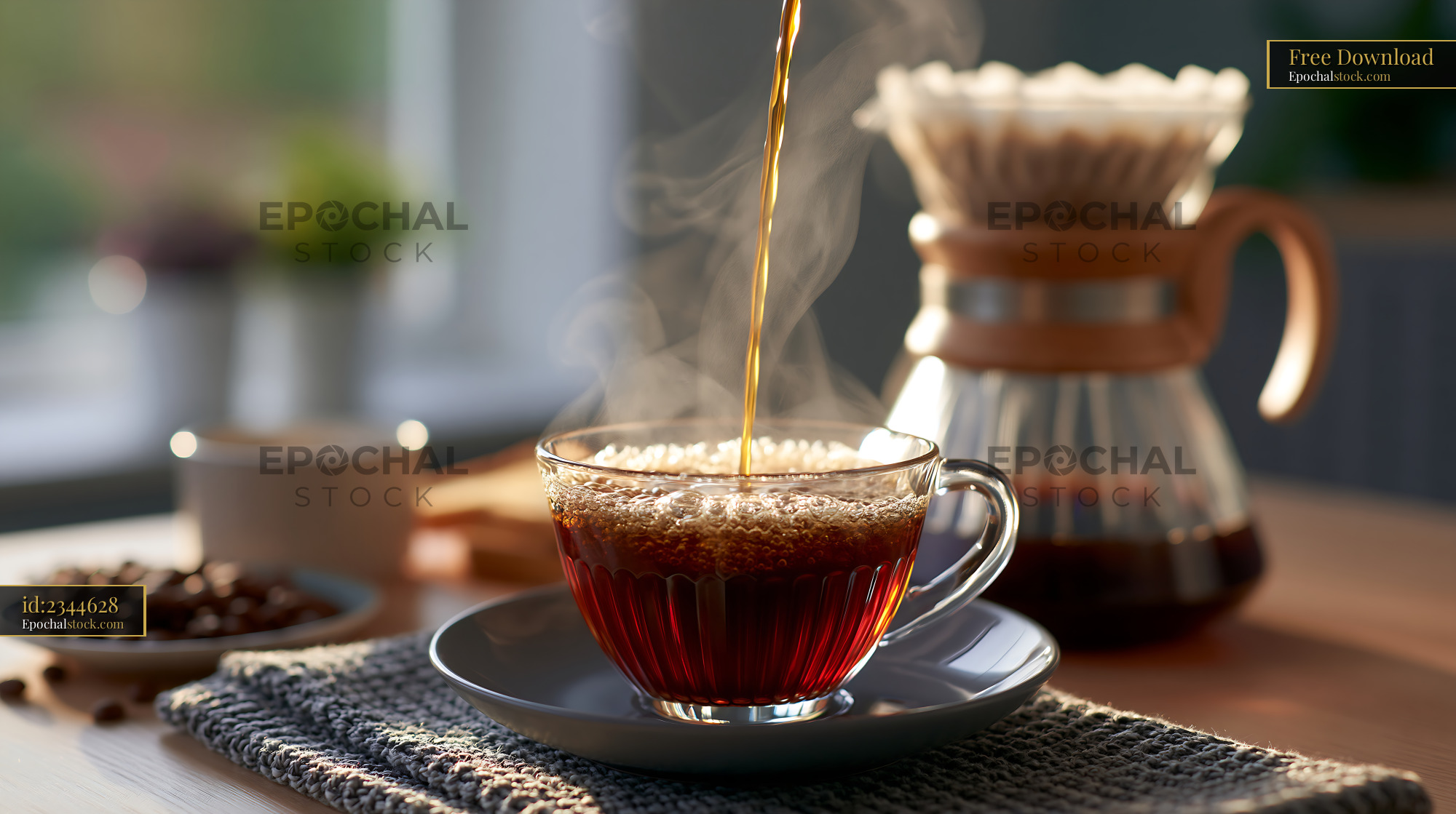 Watermarked full-resolution preview of Coffee brewing in clear cup with steam rising in kitchen