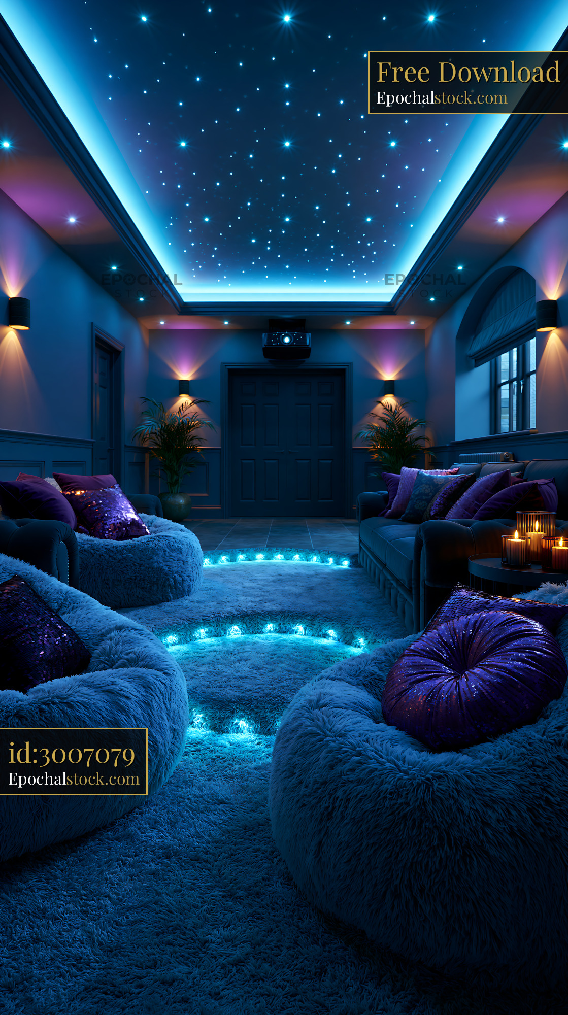Watermarked full-resolution preview of Cozy indoor space with soft seating and blue lighting