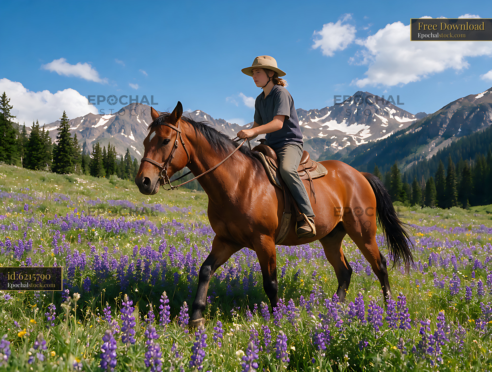 Watermarked full-resolution preview of Rider on horseback in a mountain wildflower meadow