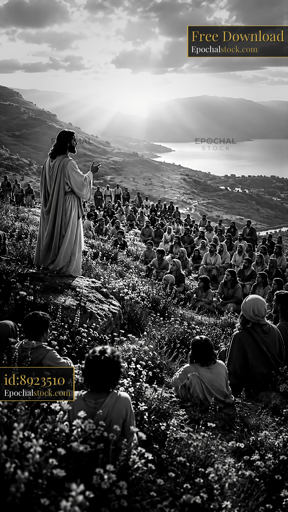 Watermarked full-resolution preview of Crowd listening to speaker on hillside with water in background