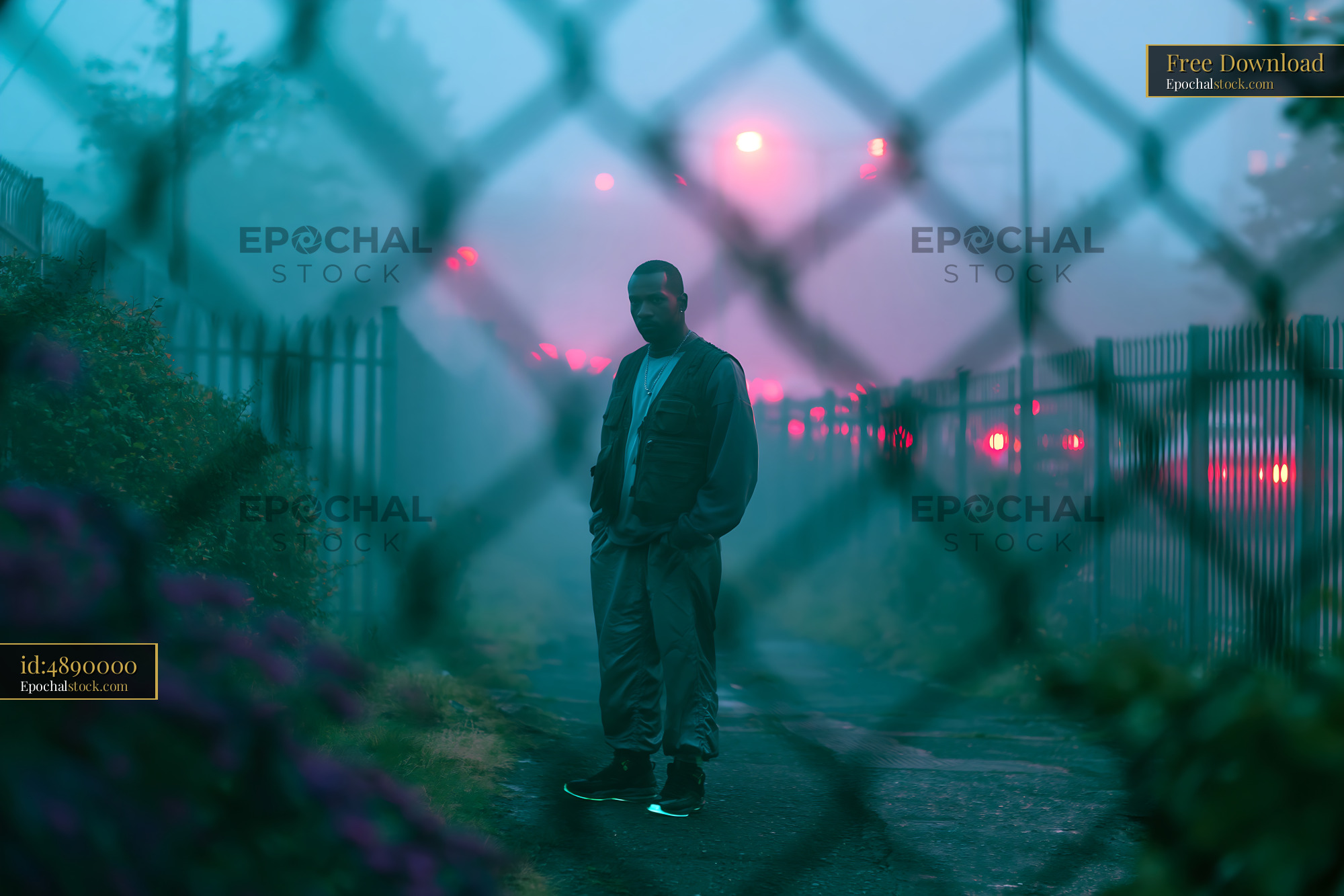 Watermarked full-resolution preview of Man standing in foggy area behind a fence at nighttime
